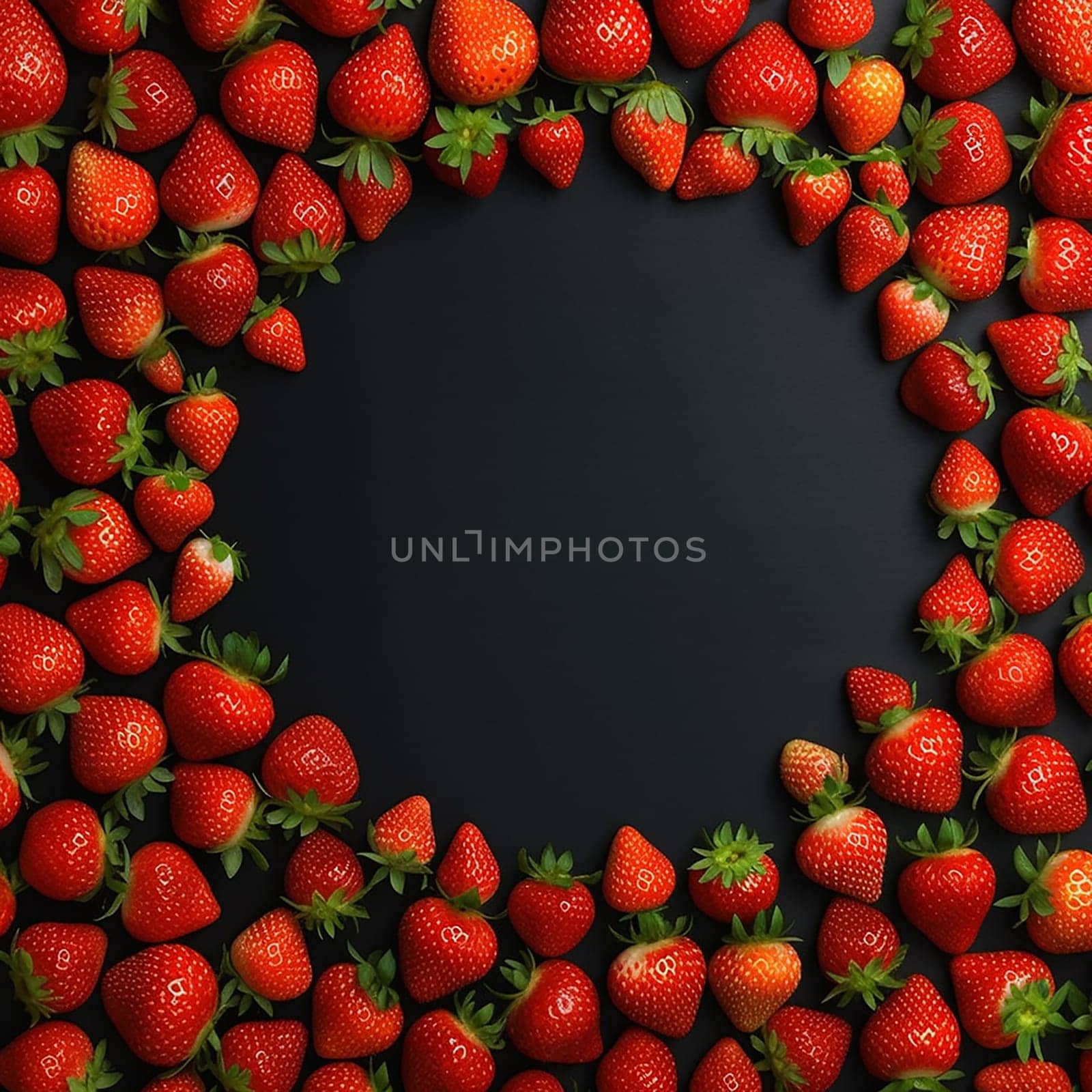 Fresh strawberries bordering an empty dark circular center on a black background.