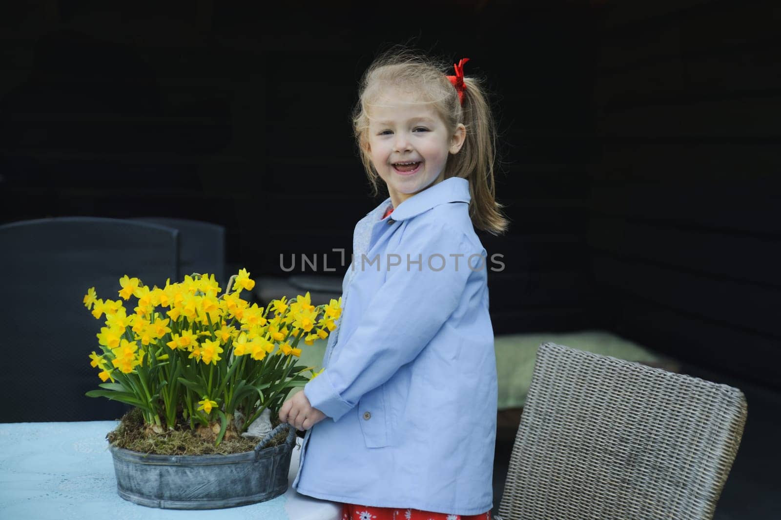 A girl in a dress near a pot of daffodils