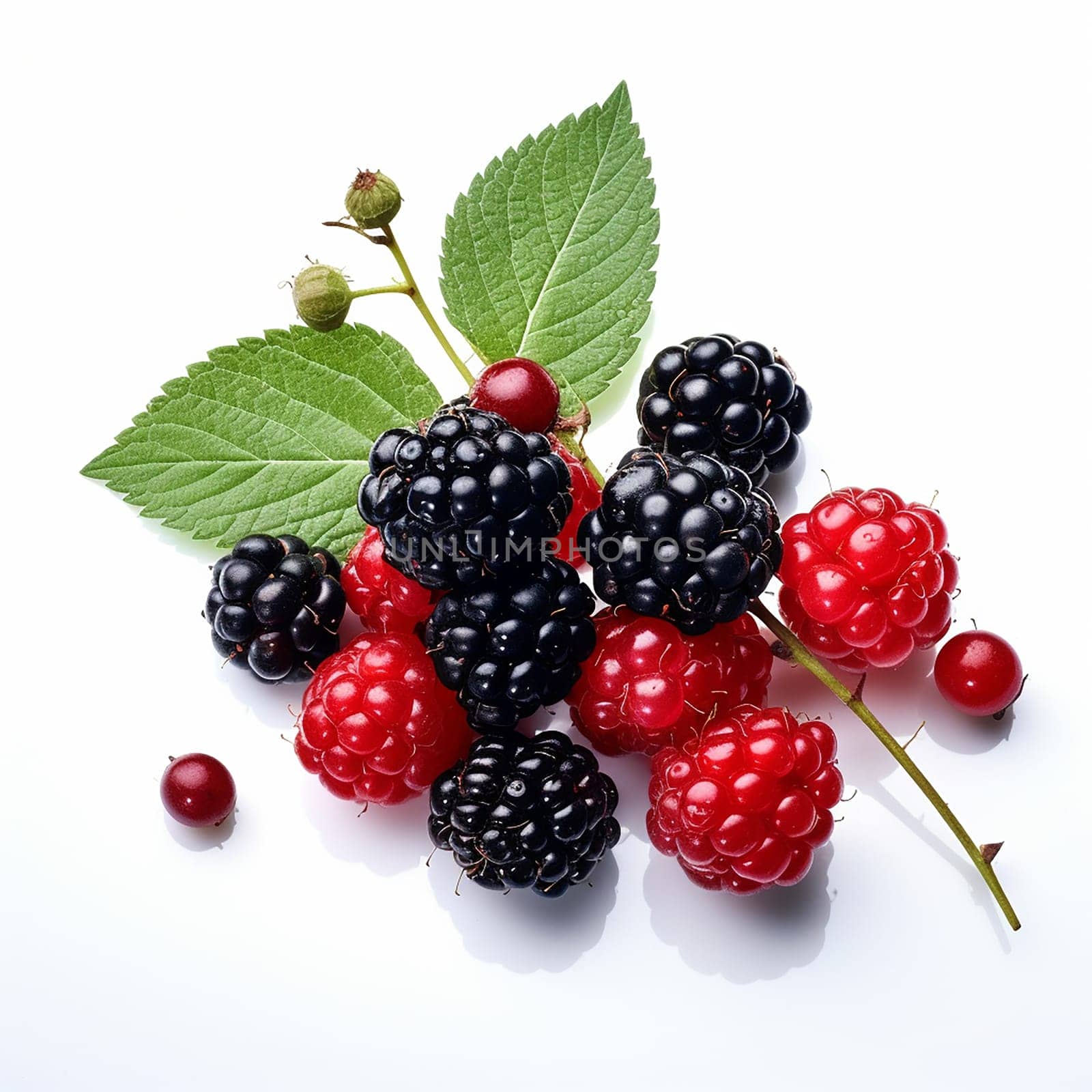 Assorted fresh berries with leaves isolated on white
