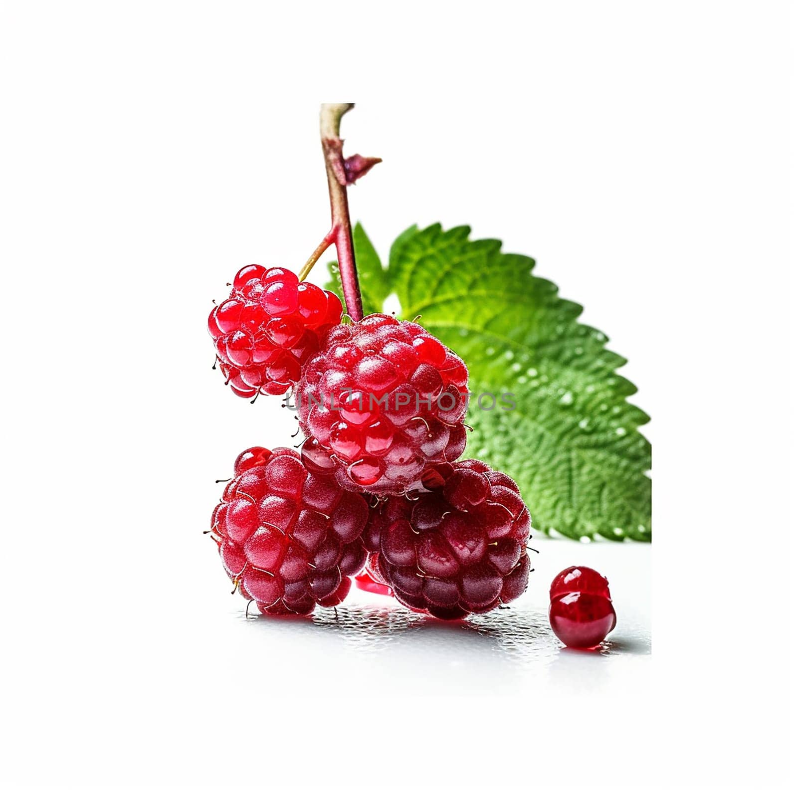 Fresh raspberries with a leaf on white background.