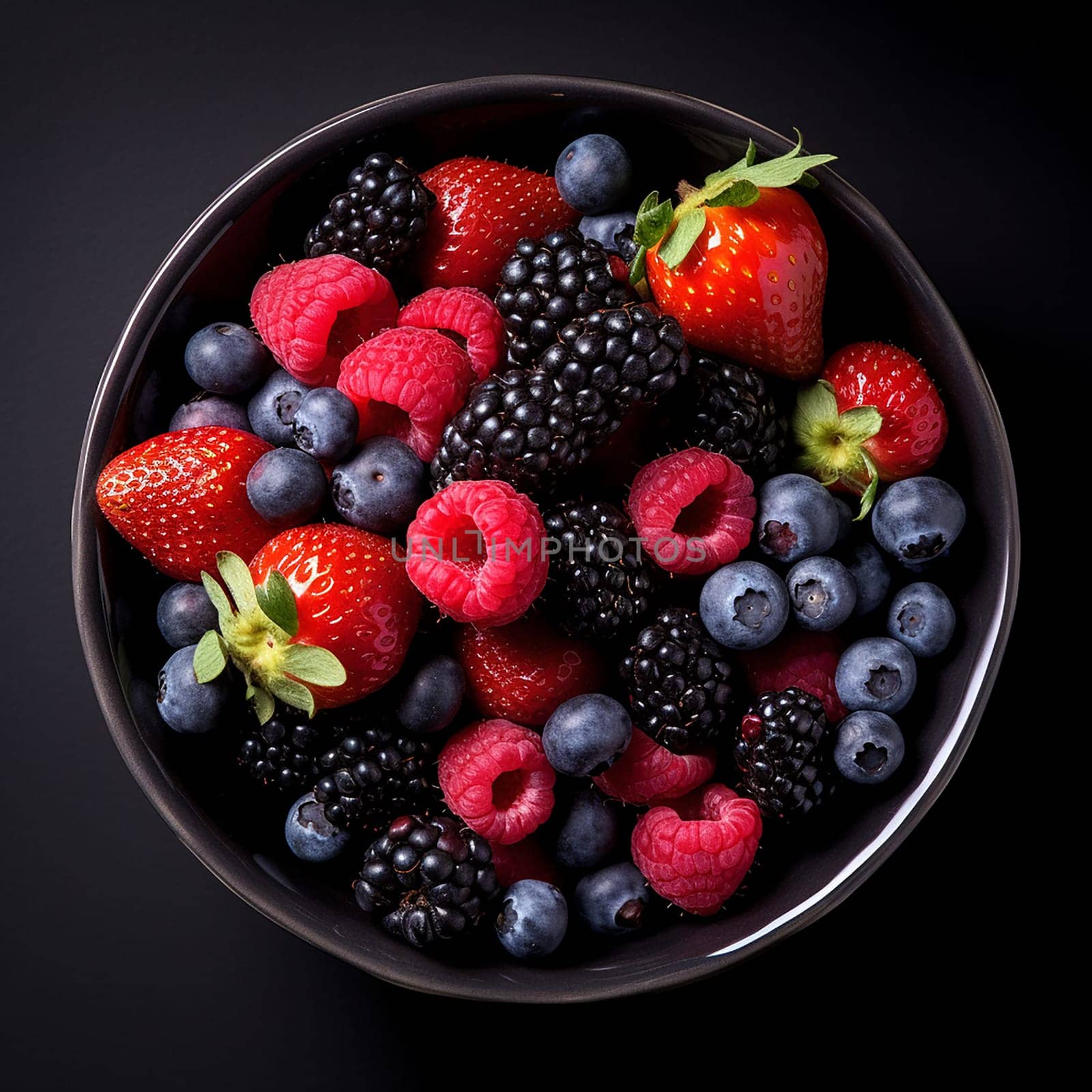 Assortment of raspberries and blueberries in a dish ready to be eaten