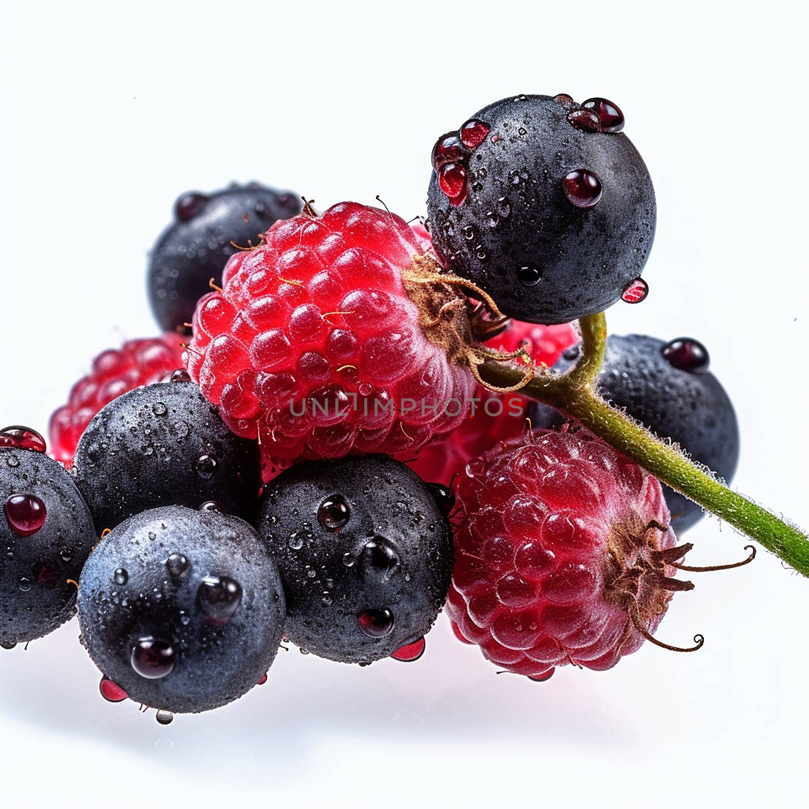 An assortment of fresh blueberries and raspberries isolated on white background.