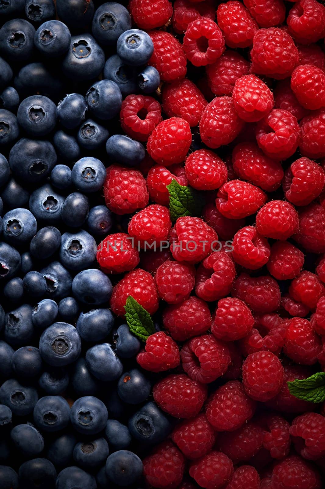 Assortment of raspberries and blueberries arranged to form a pattern.