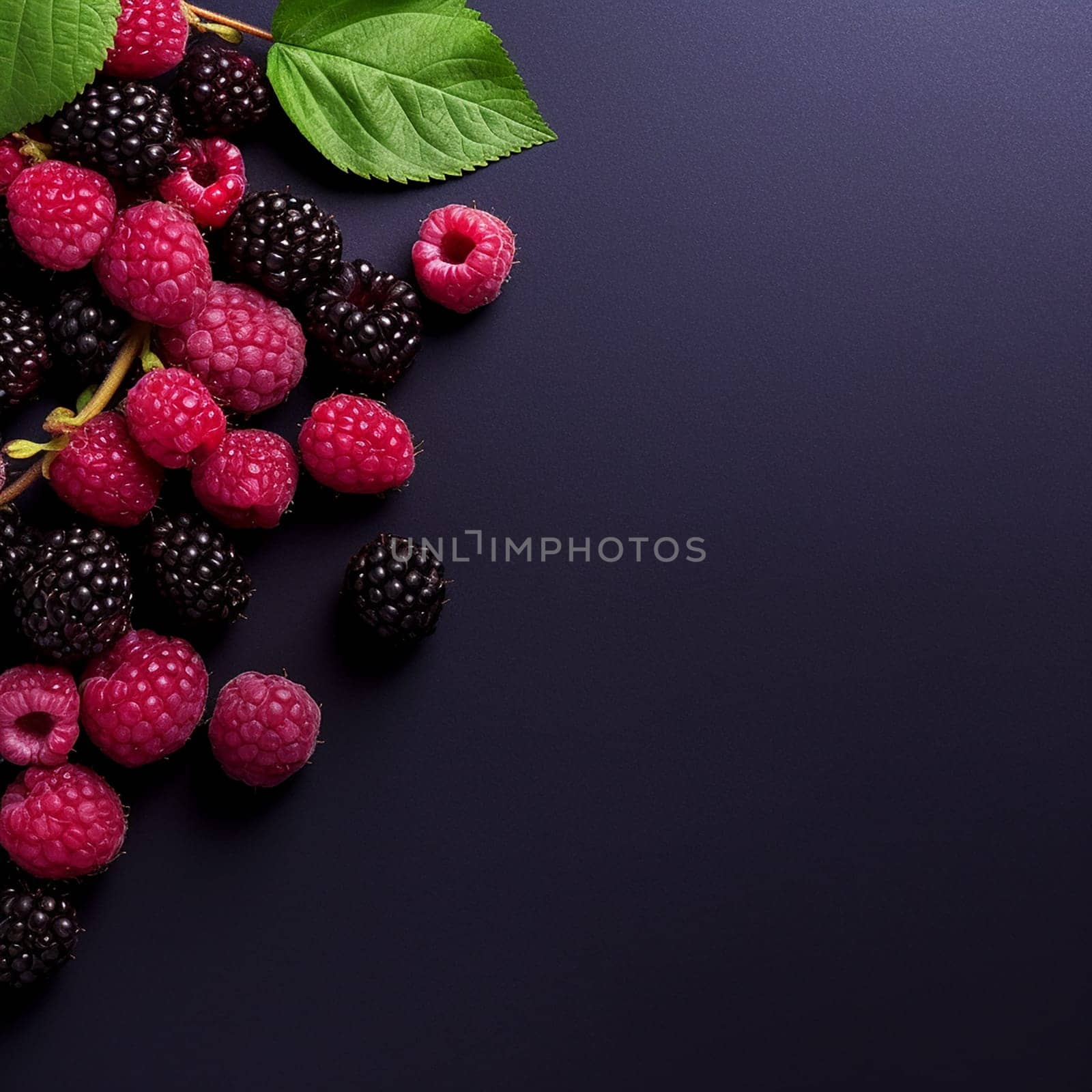 Ripe blackberries and raspberries on a branch with green leaves against a dark background.