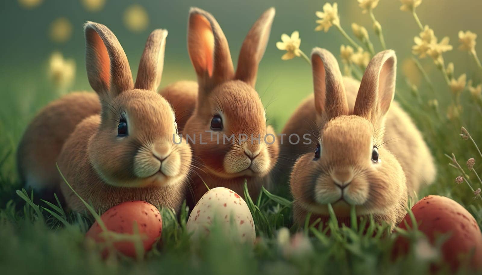 Three adorable bunnies nestled among Easter eggs and spring flowers