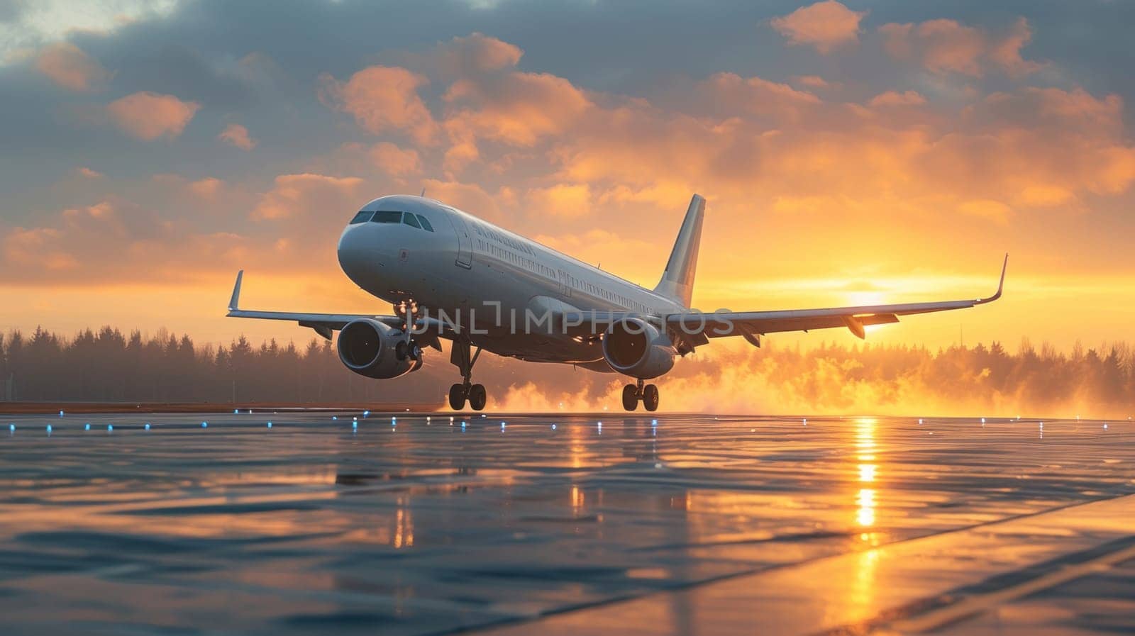An airplane jet on runway at sunset. Outdoor travel concept. Generative AI.