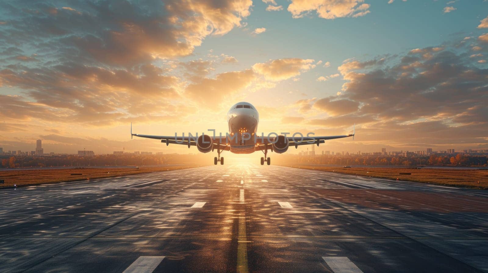 An airplane jet on runway at sunset. Outdoor travel concept. Generative AI by golfmerrymaker