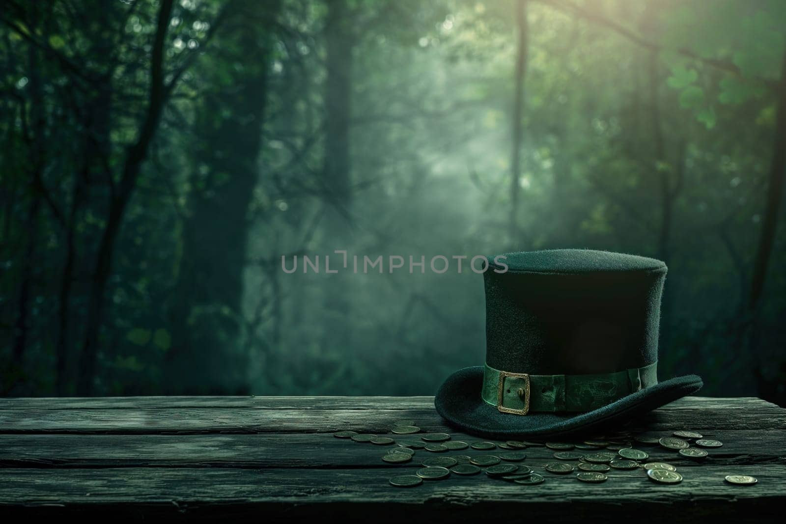 Green Leprechauns hat on wood table in dark tones ai generated image