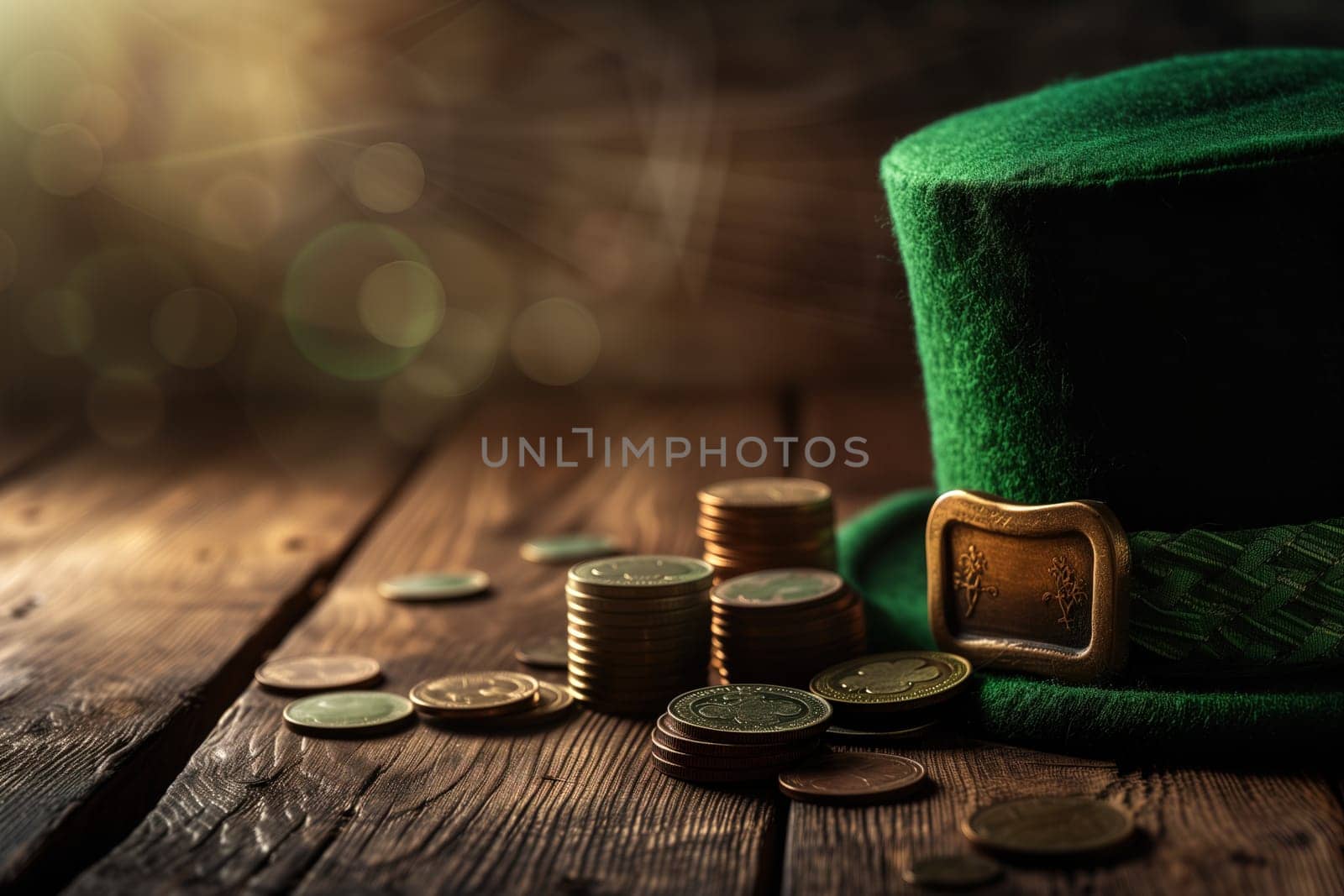 Stack of gold coins and green Patricks hat on wooden table by Dustick