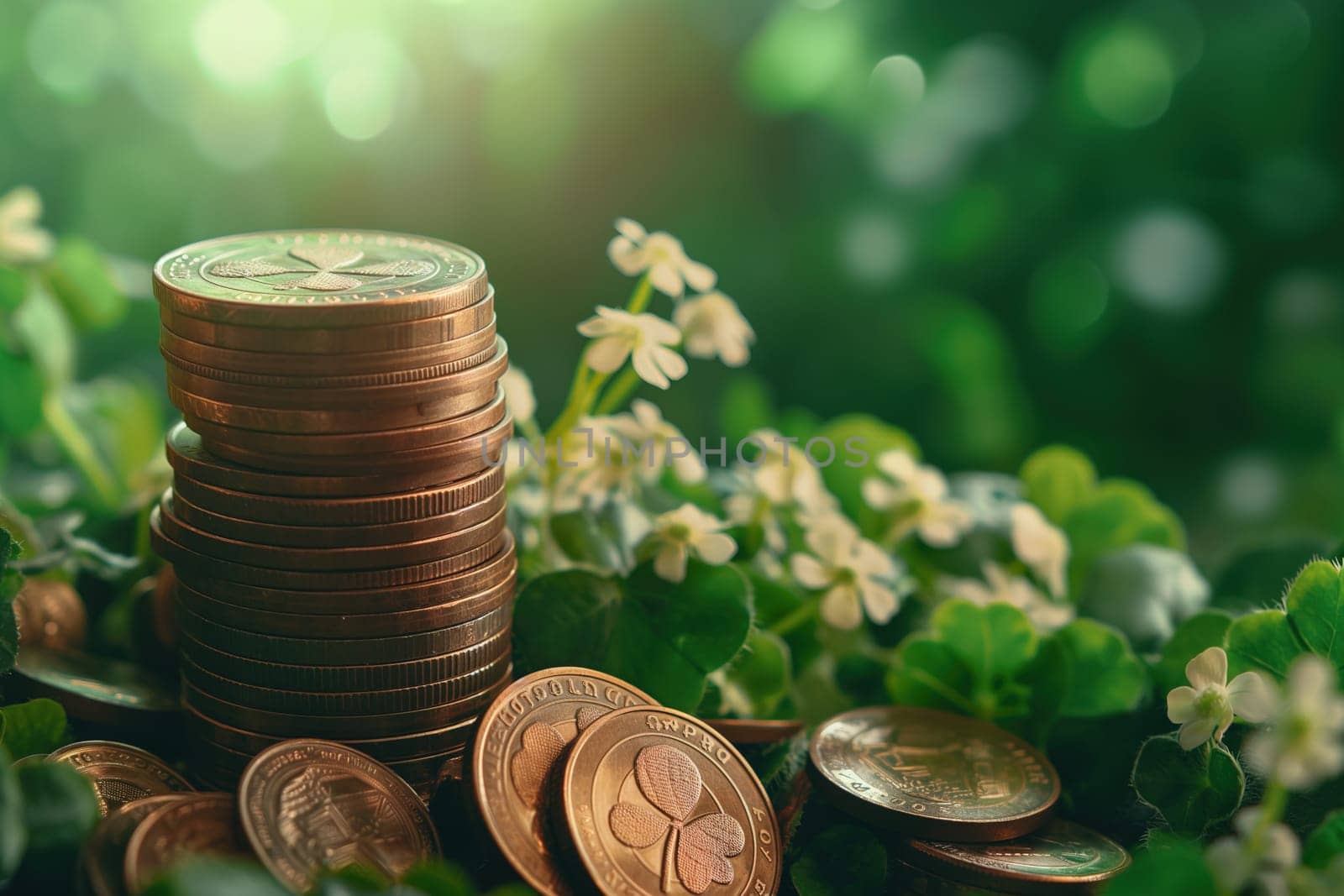 Stack of gold coins with irish forest background ai generated image