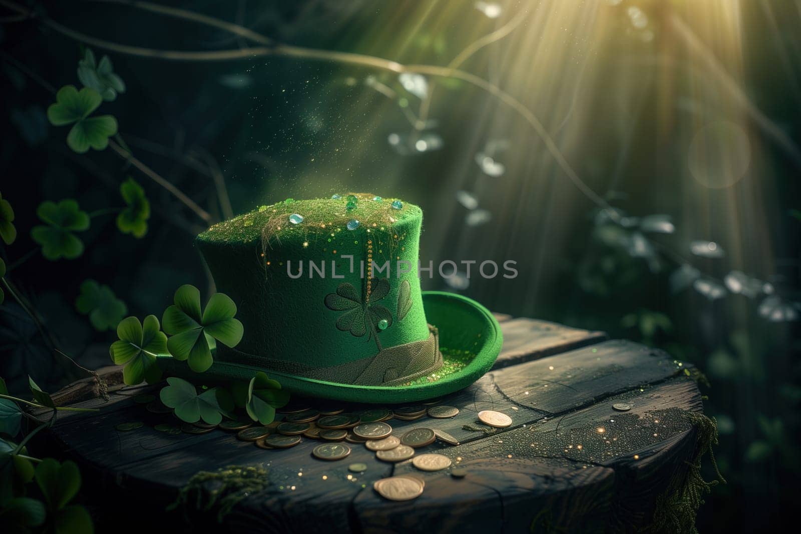 Green Leprechauns hat on wood table in dark tones ai generated image