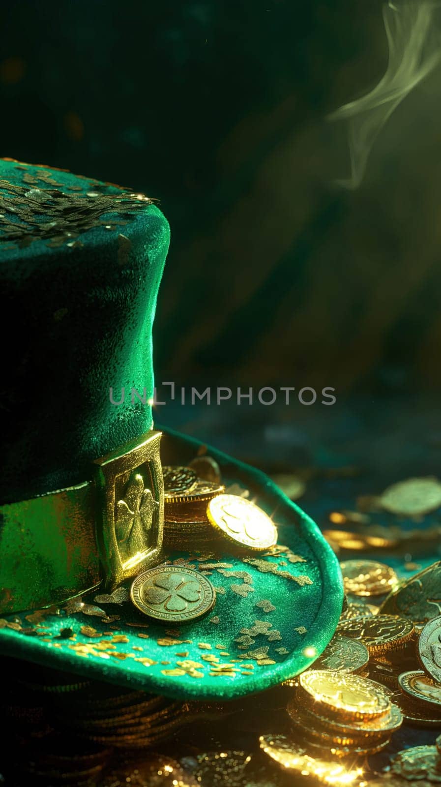 Green Patricks hat with gold coins close up background by Dustick