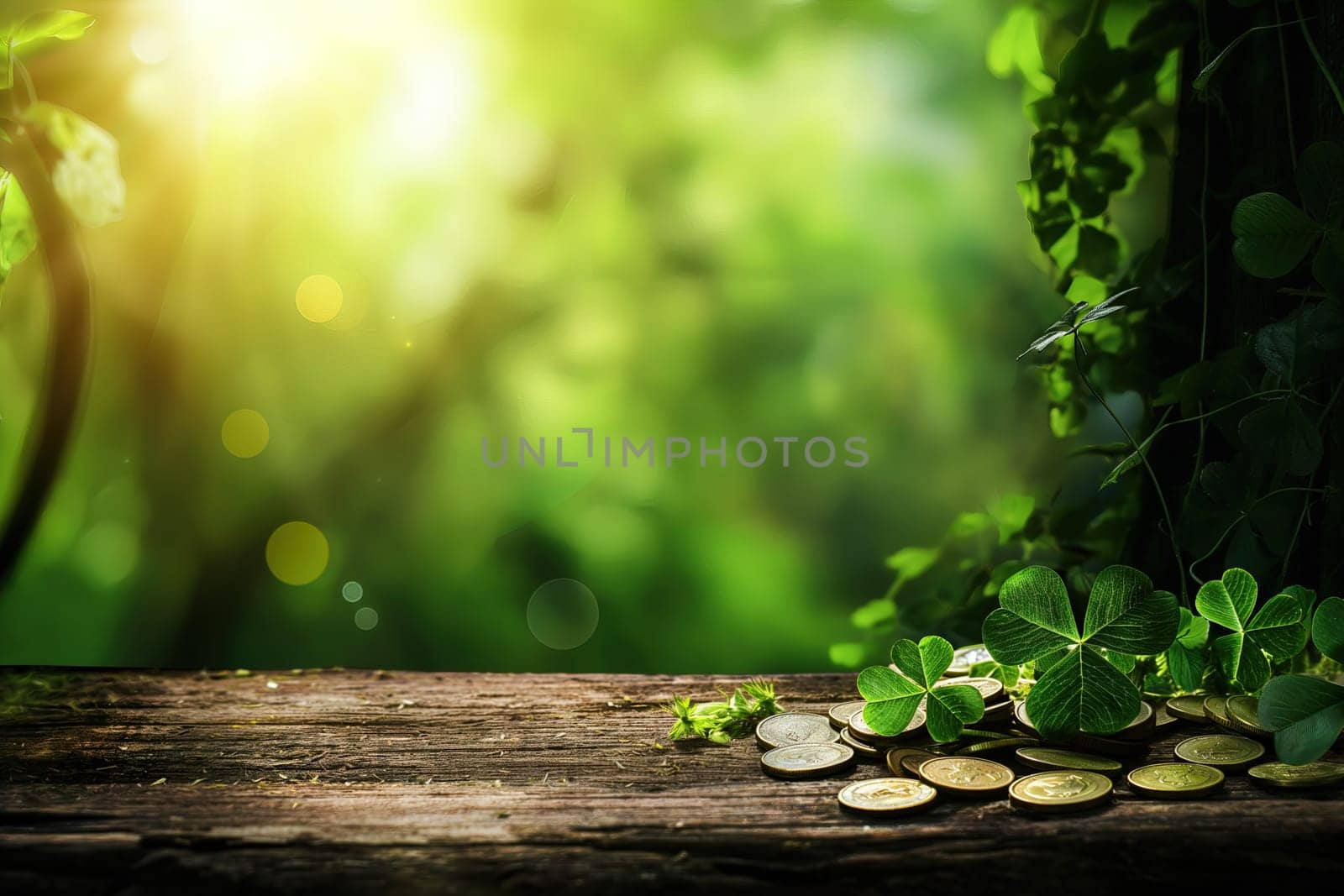 Golden coins on wood table with clover arc background ai generated image