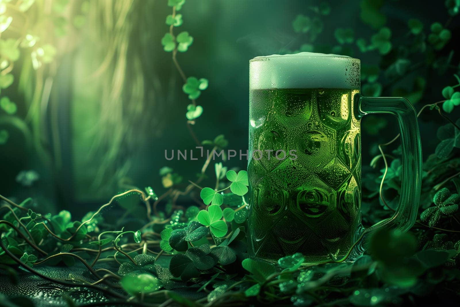Glass of beer in irish forest background ai generated image