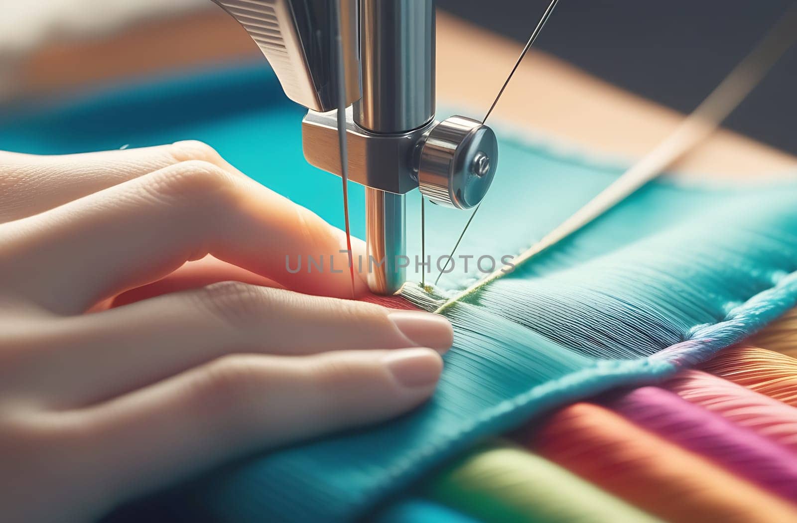 Close-up of hands working on a modern sewing machine, a woman stitching a bright fabric.