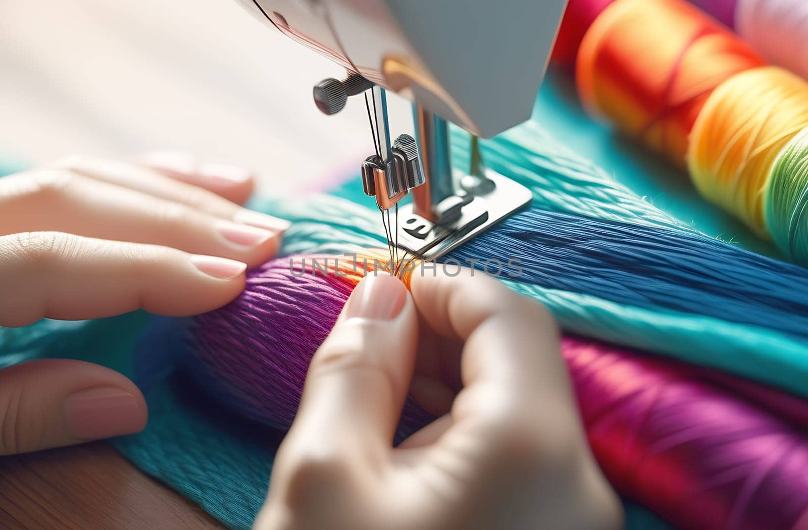 Close-up of hands working on a modern sewing machine, a woman stitching a bright fabric.