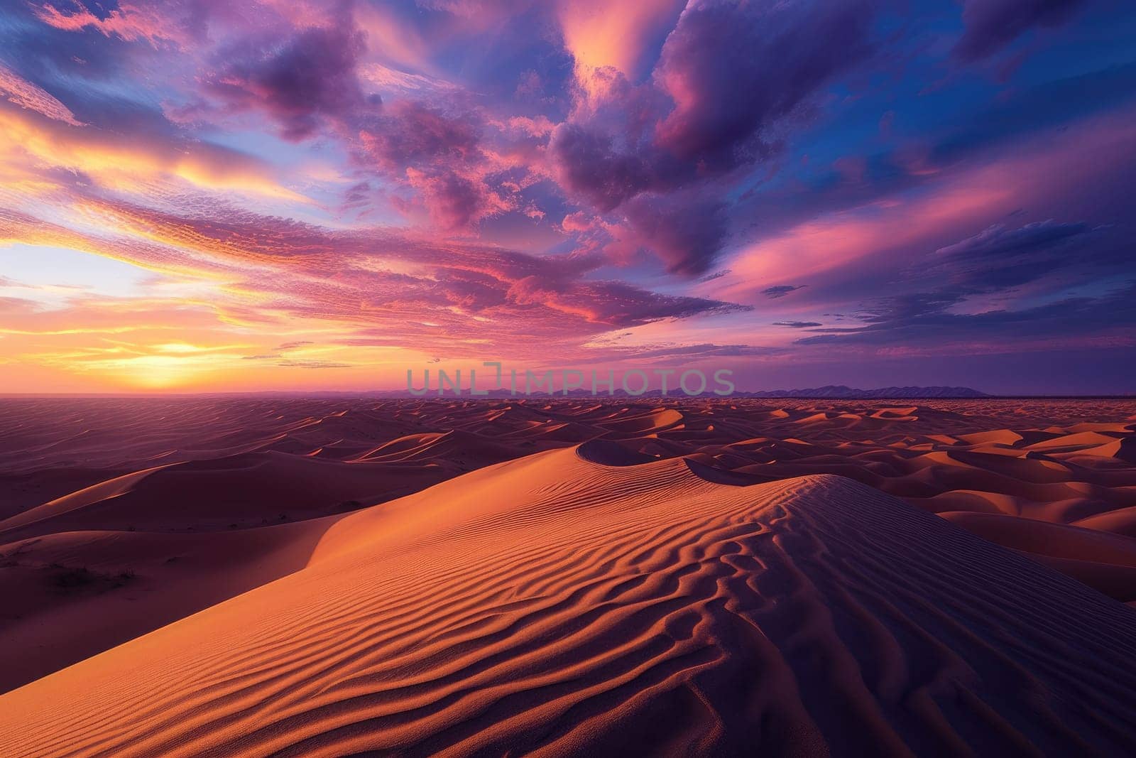 An expansive desert landscape at sunset, vivid colors in the sky, dunes creating patterns, portraying the beauty of wilderness. Resplendent.
