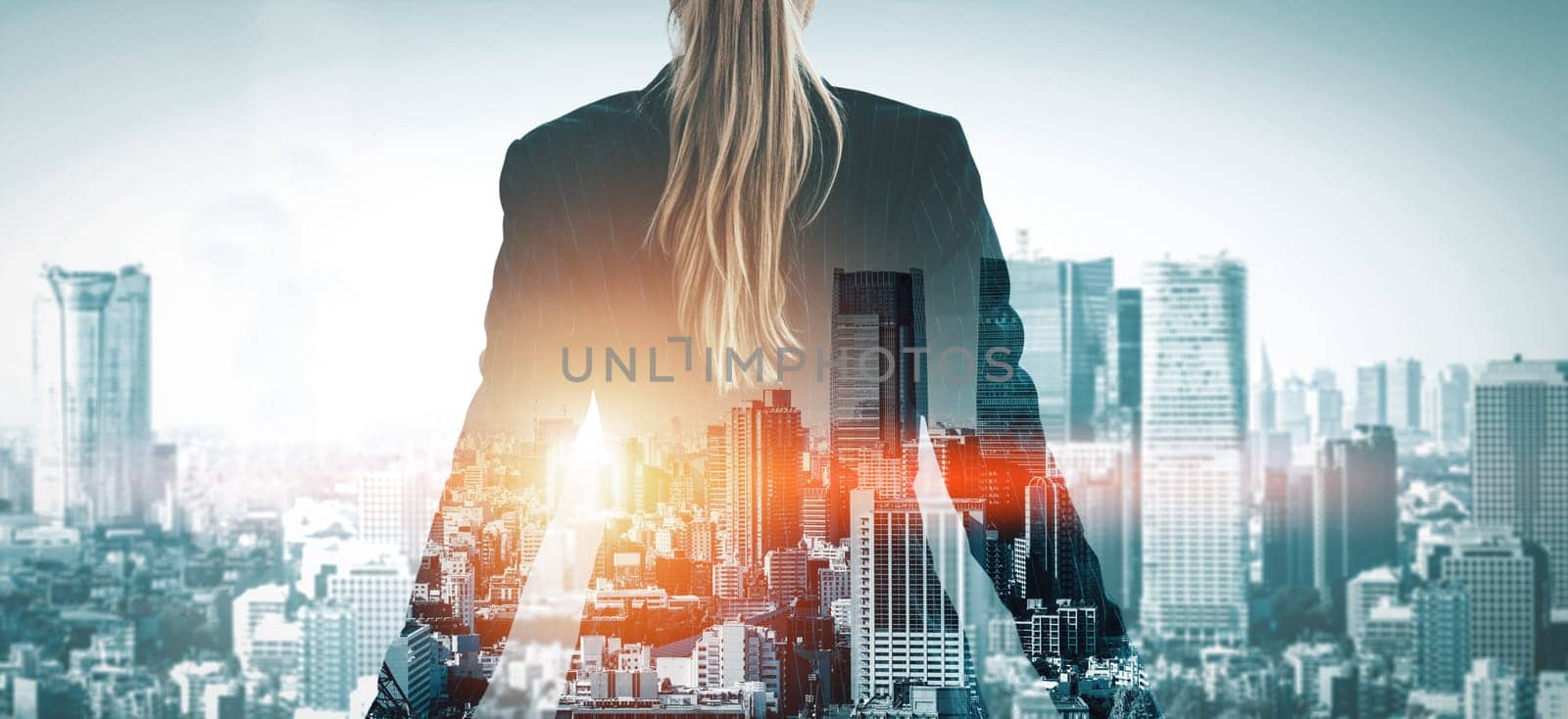 Double Exposure Image of Business Person on modern city background. Future business and communication technology concept. Surreal futuristic cityscape and abstract multiple exposure interface. uds