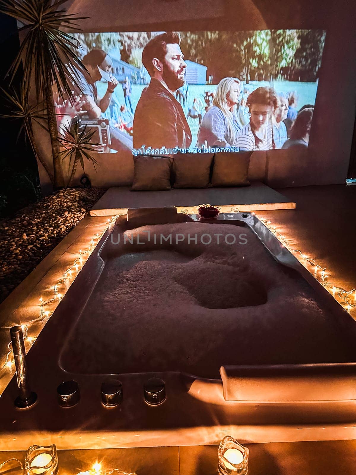 Night jacuzzi bathtub with movie projection in Doi Chang in Chiang Rai, Thailand, south east asia