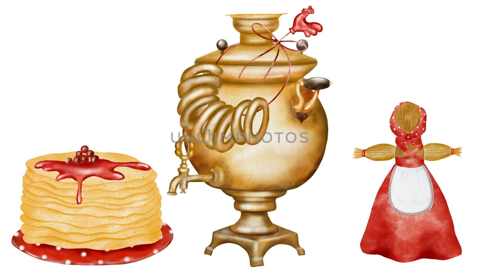 Watercolor set on Shrovetide isolated pictures on white background. Samovar with bagels and rooster, straw effigy in national Russian costume and plate with pancakes. For design of postcards and banners for Maslenitsa. High quality photo