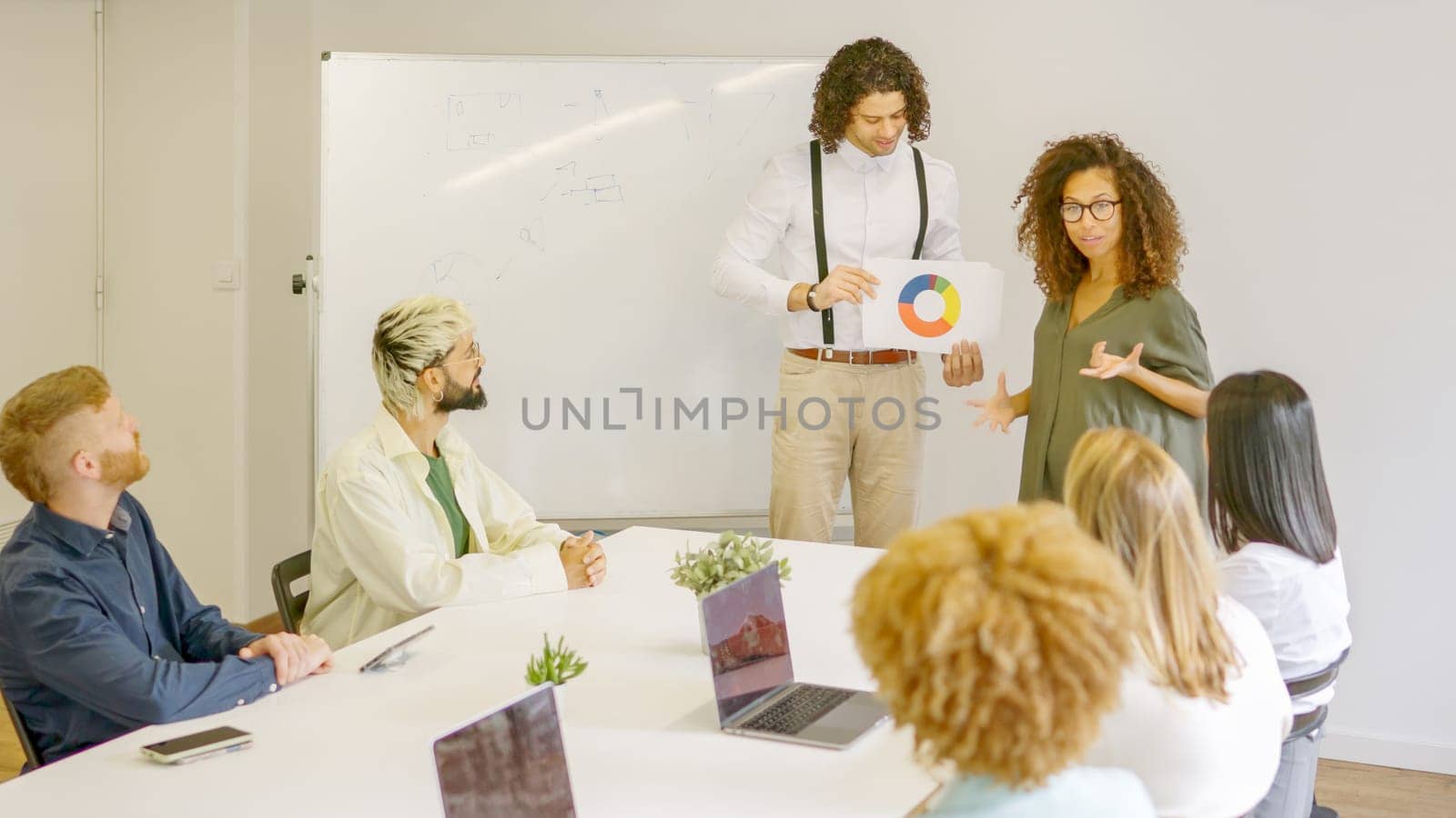 Woman using graphic during a presentation in a meeting room