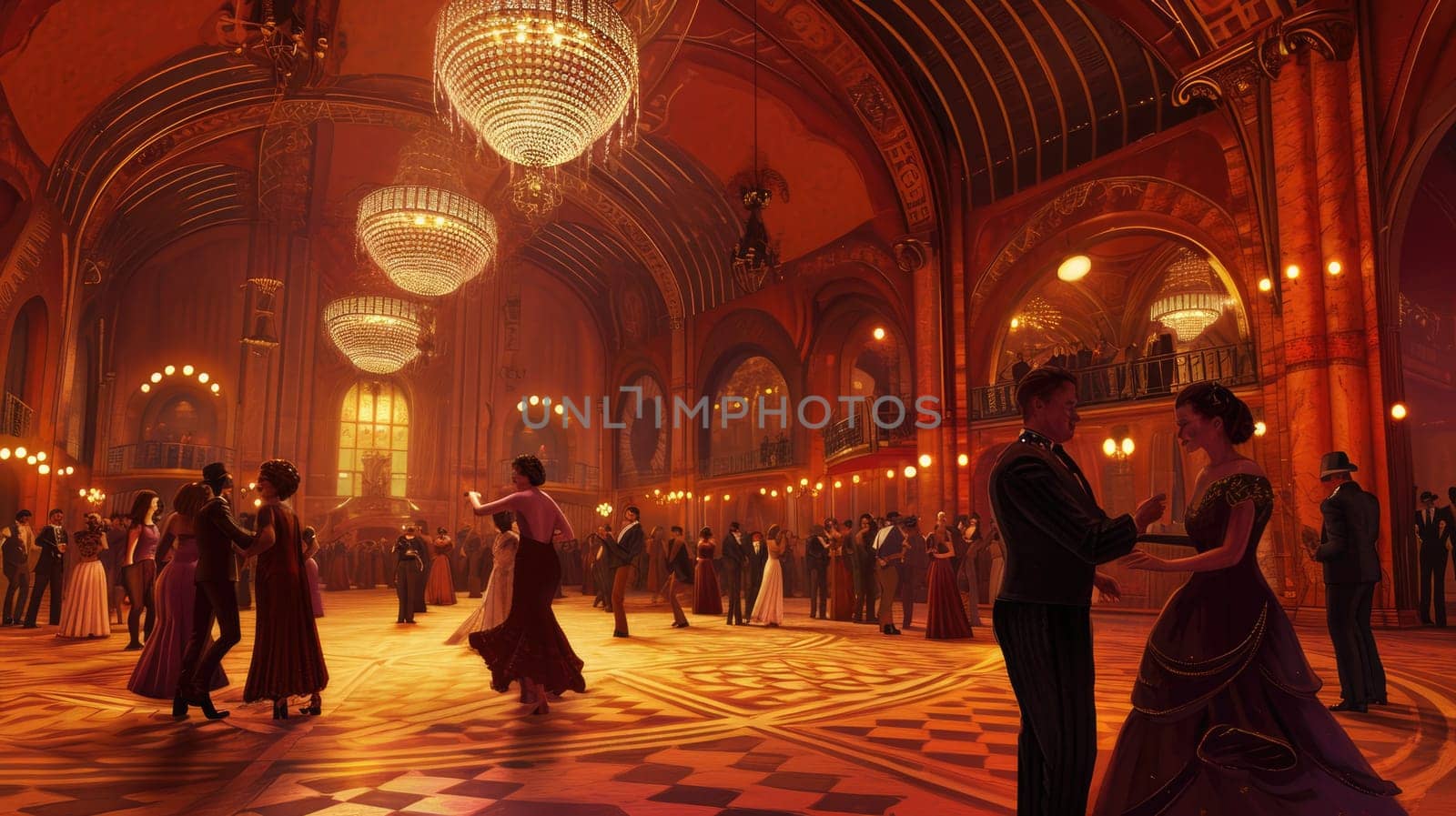 An art deco inspired ballroom from the 1920s, with elegant dancers. Resplendent. by biancoblue