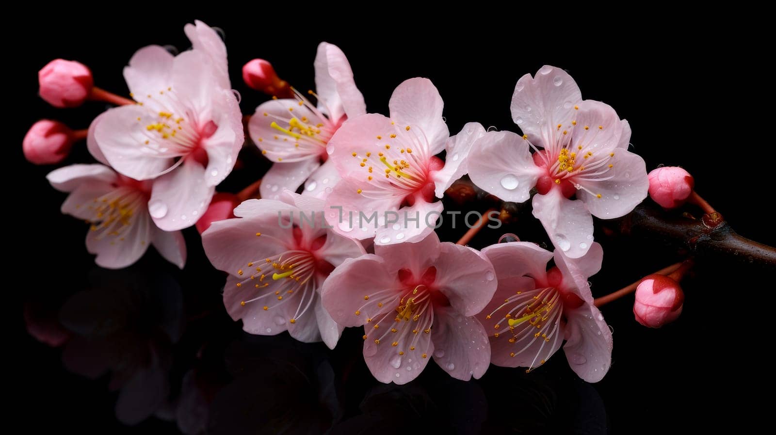 Abstract natural spring background light rosy dark flowers close up. Branch of pink white sakura cherry on a black background. Colorful artistic image with soft focus and beautiful bokeh in summer spring