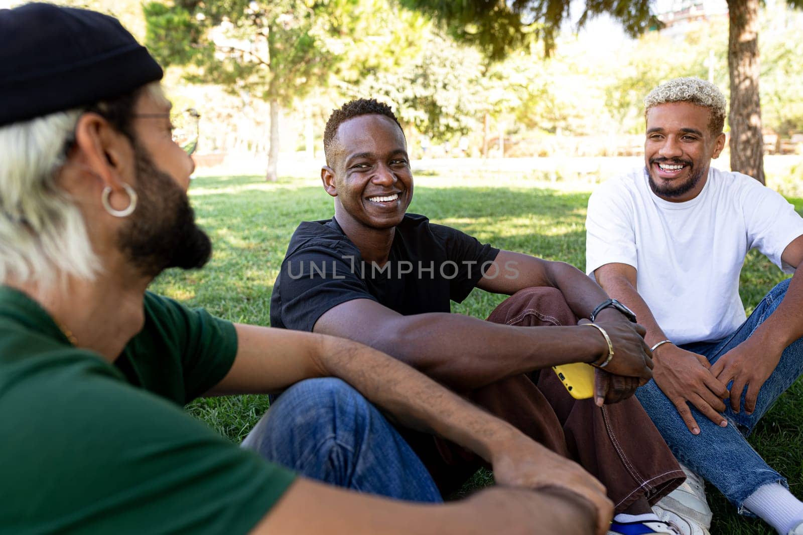 Young African American man and his male friends laughing and having fun together sitting on the grass in a park. by Hoverstock