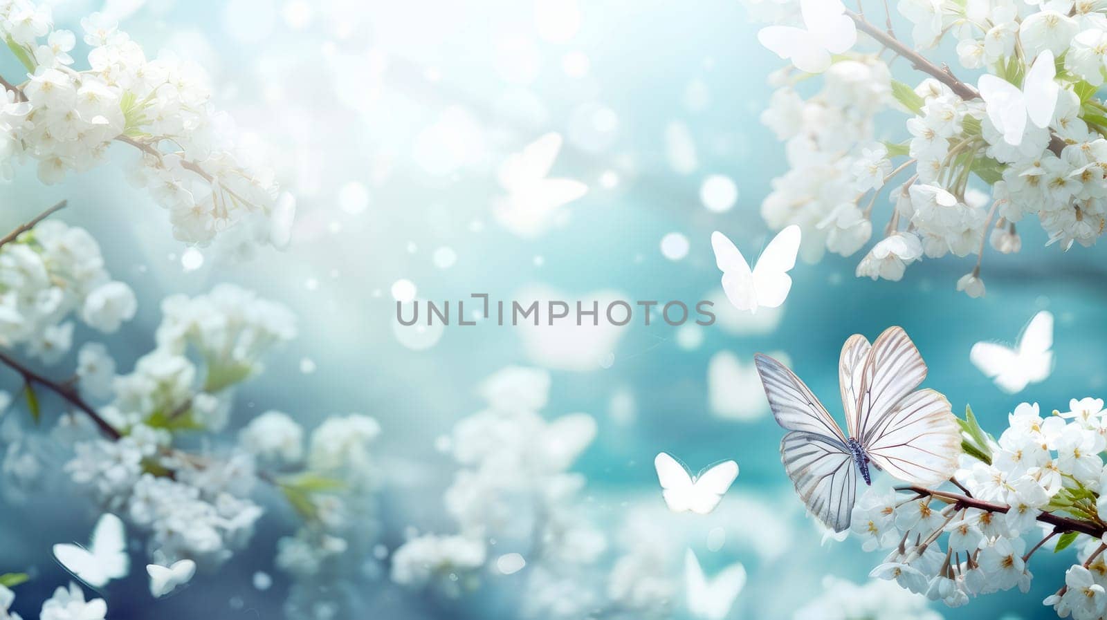 Abstract natural spring background with butterflies and light white meadow flowers closeup. Colorful artistic image with soft focus and beautiful bokeh in summer spring