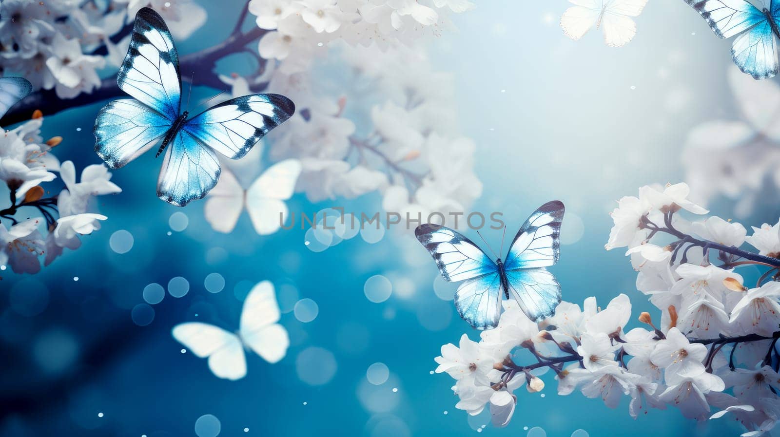 Abstract natural spring background with butterflies and blue, sky blue meadow flowers closeup. Colorful artistic image with soft focus and beautiful bokeh in summer spring