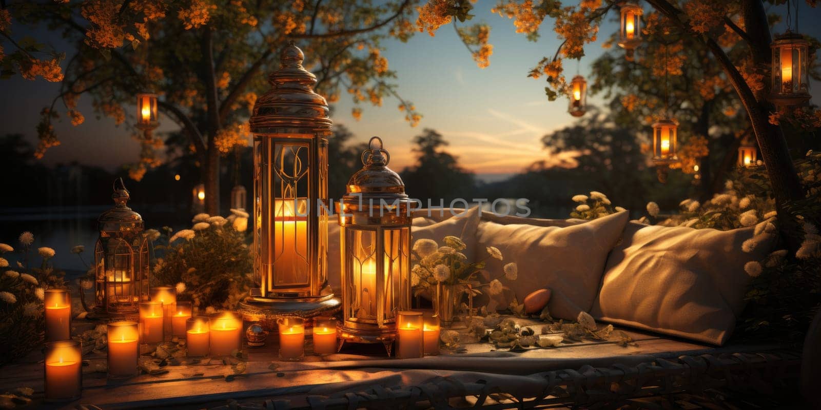 Beautiful view of garden furniture with pillow and burning candles at balcony for romantic dinner by Benzoix