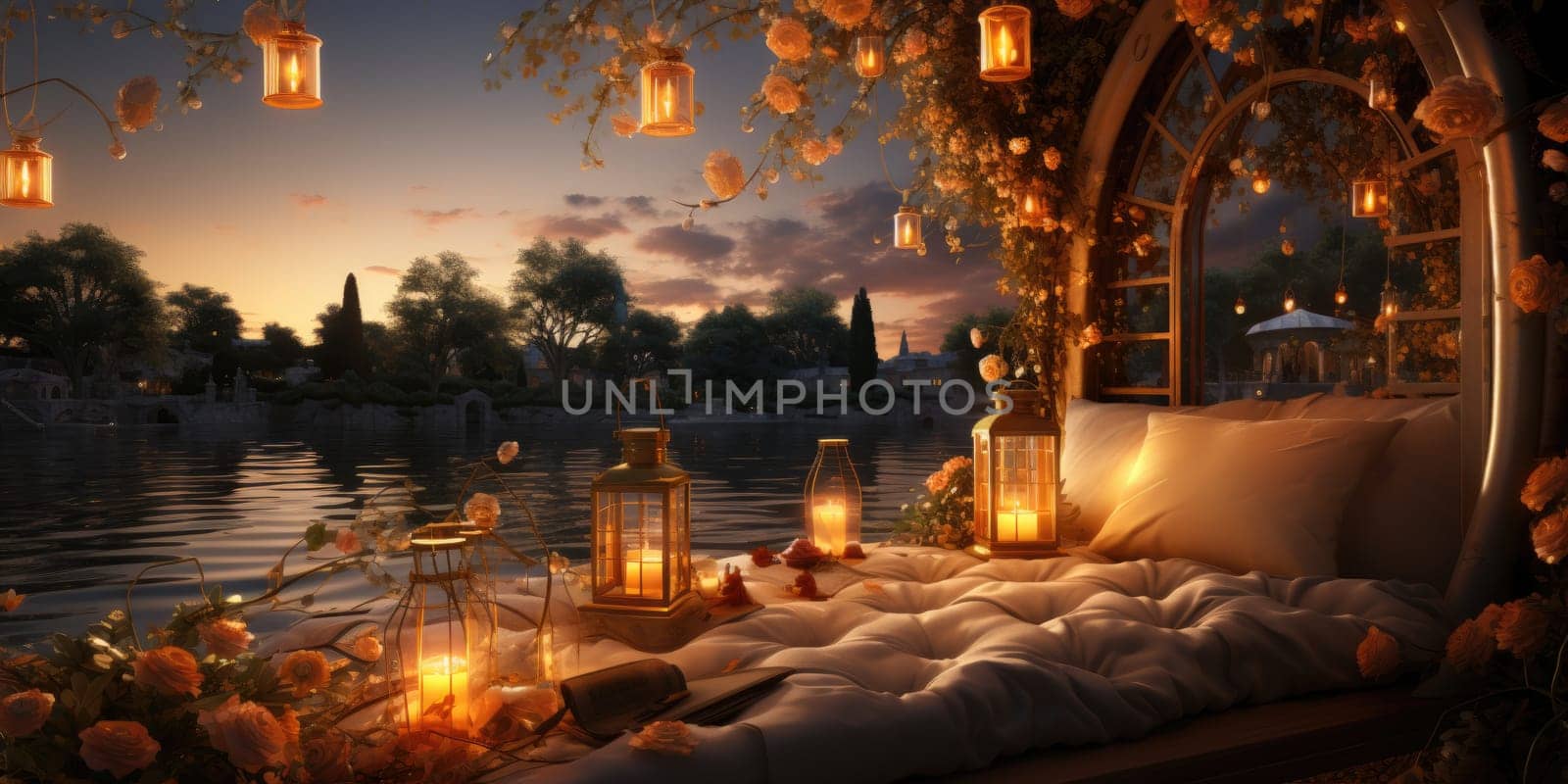 Beautiful view of garden furniture with pillow and burning candles at balcony for romantic dinner by Benzoix