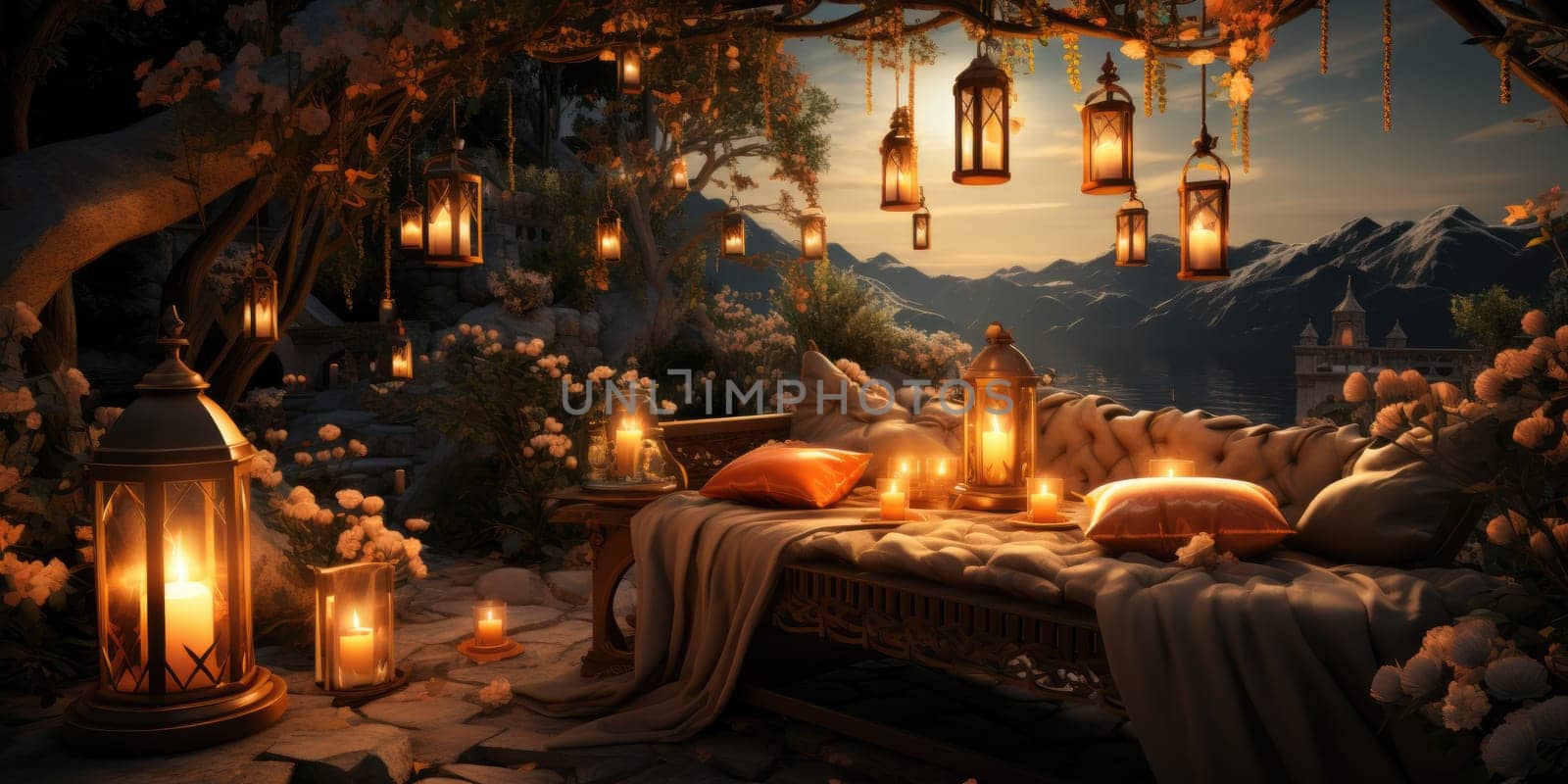 Beautiful view of garden furniture with pillow and burning candles at balcony for romantic dinner.