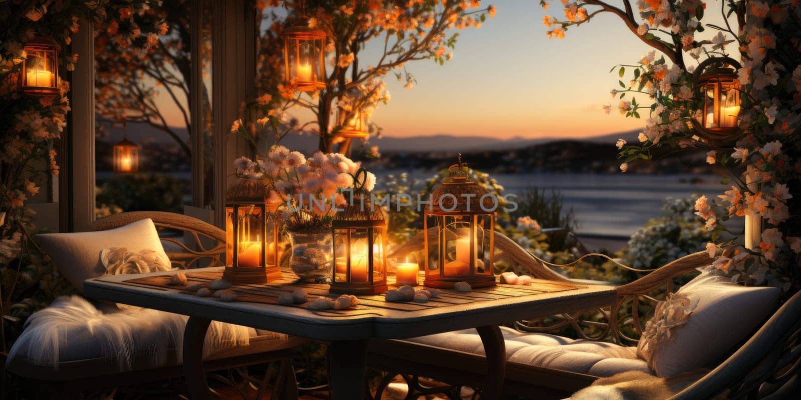 Beautiful view of garden furniture with pillow and burning candles at balcony for romantic dinner by Benzoix