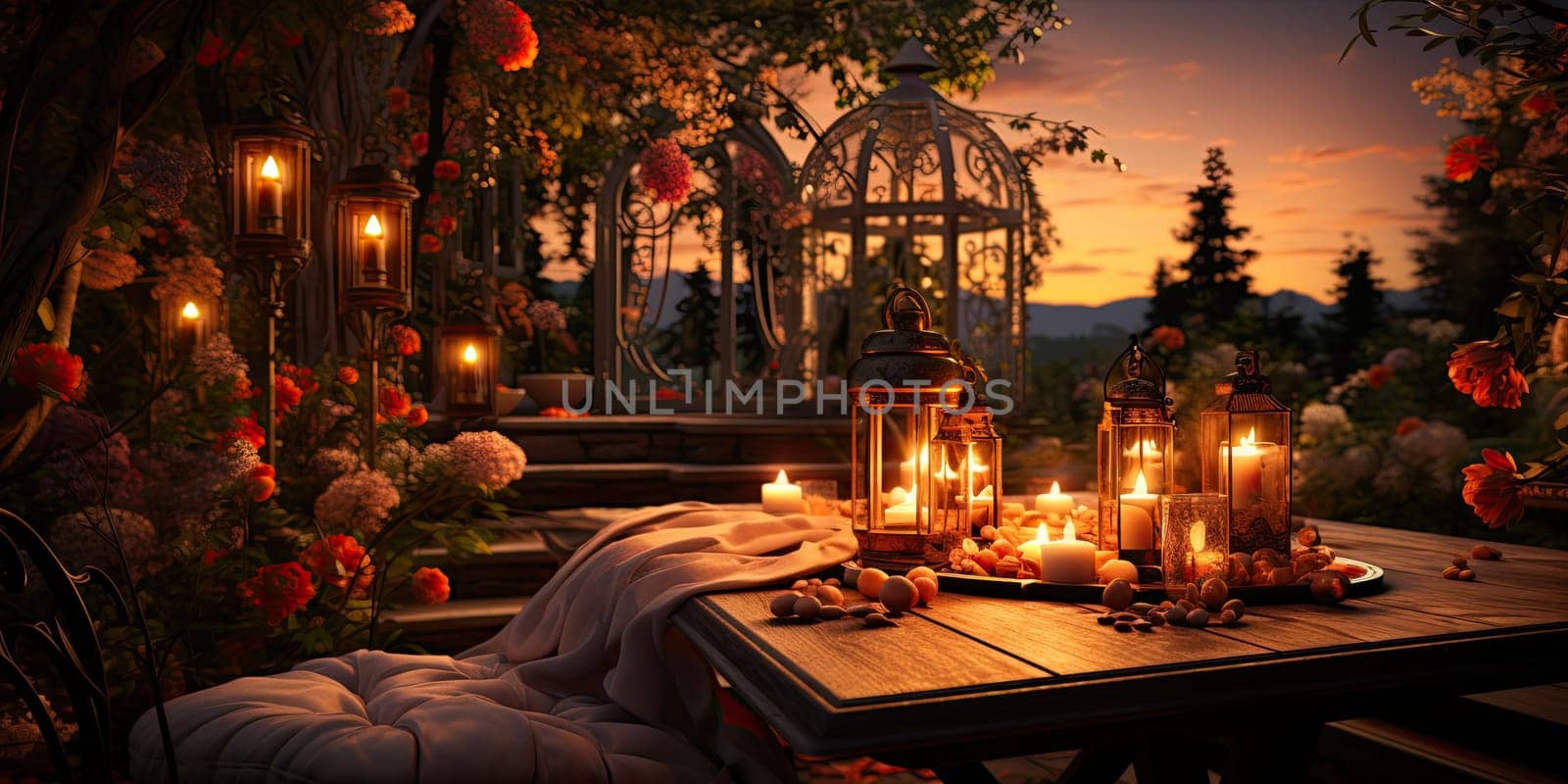 Beautiful view of garden furniture with pillow and burning candles at balcony for romantic dinner by Benzoix