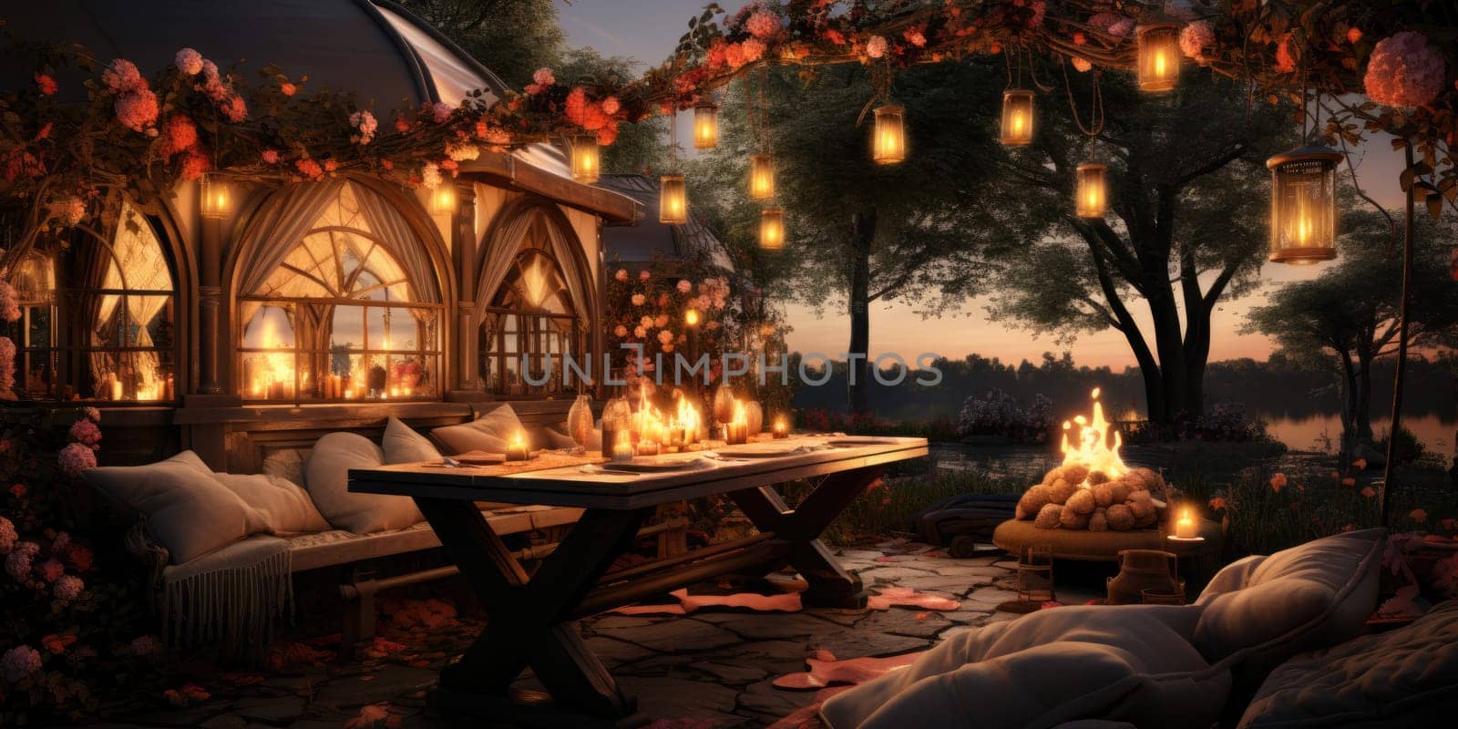 Beautiful view of garden furniture with pillow and burning candles at balcony for romantic dinner by Benzoix