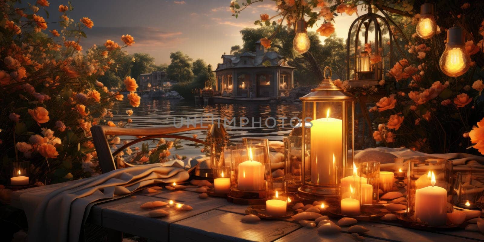 Beautiful view of garden furniture with pillow and burning candles at balcony for romantic dinner.