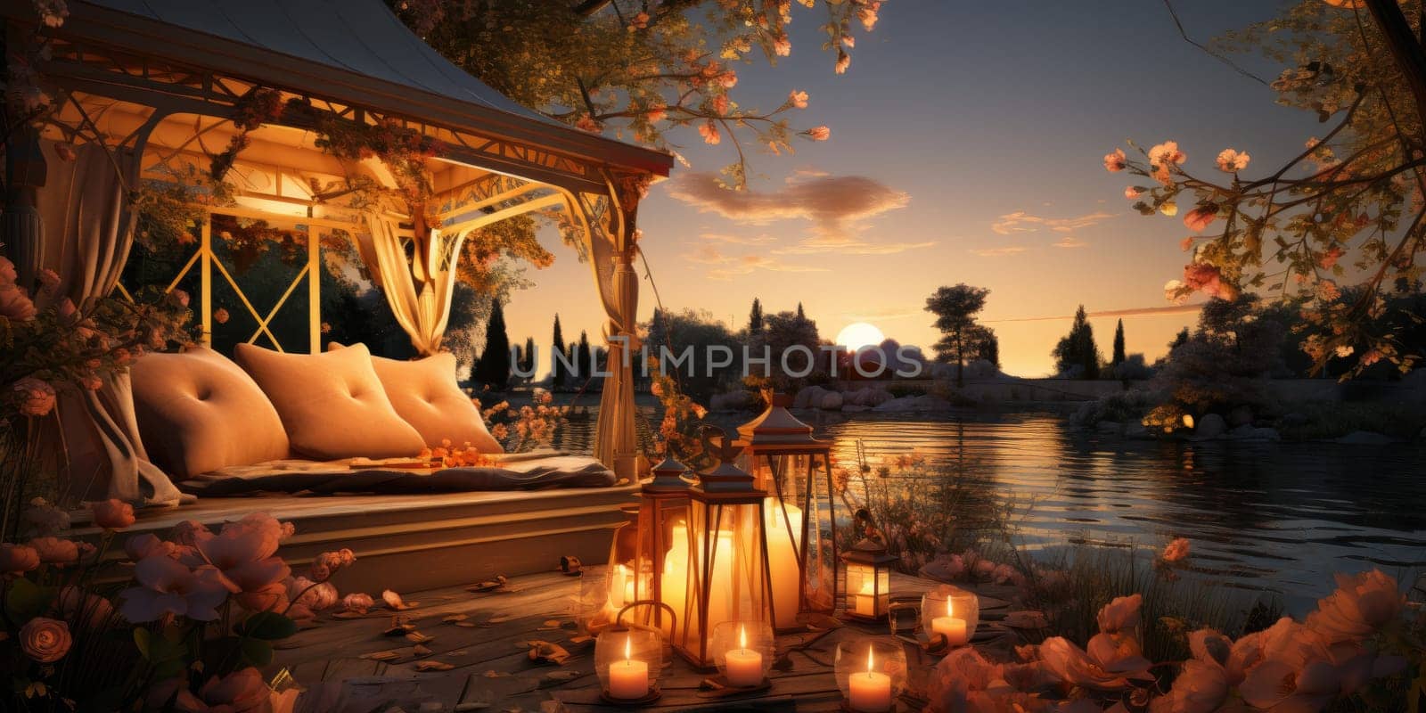 Beautiful view of garden furniture with pillow and burning candles at balcony for romantic dinner by Benzoix