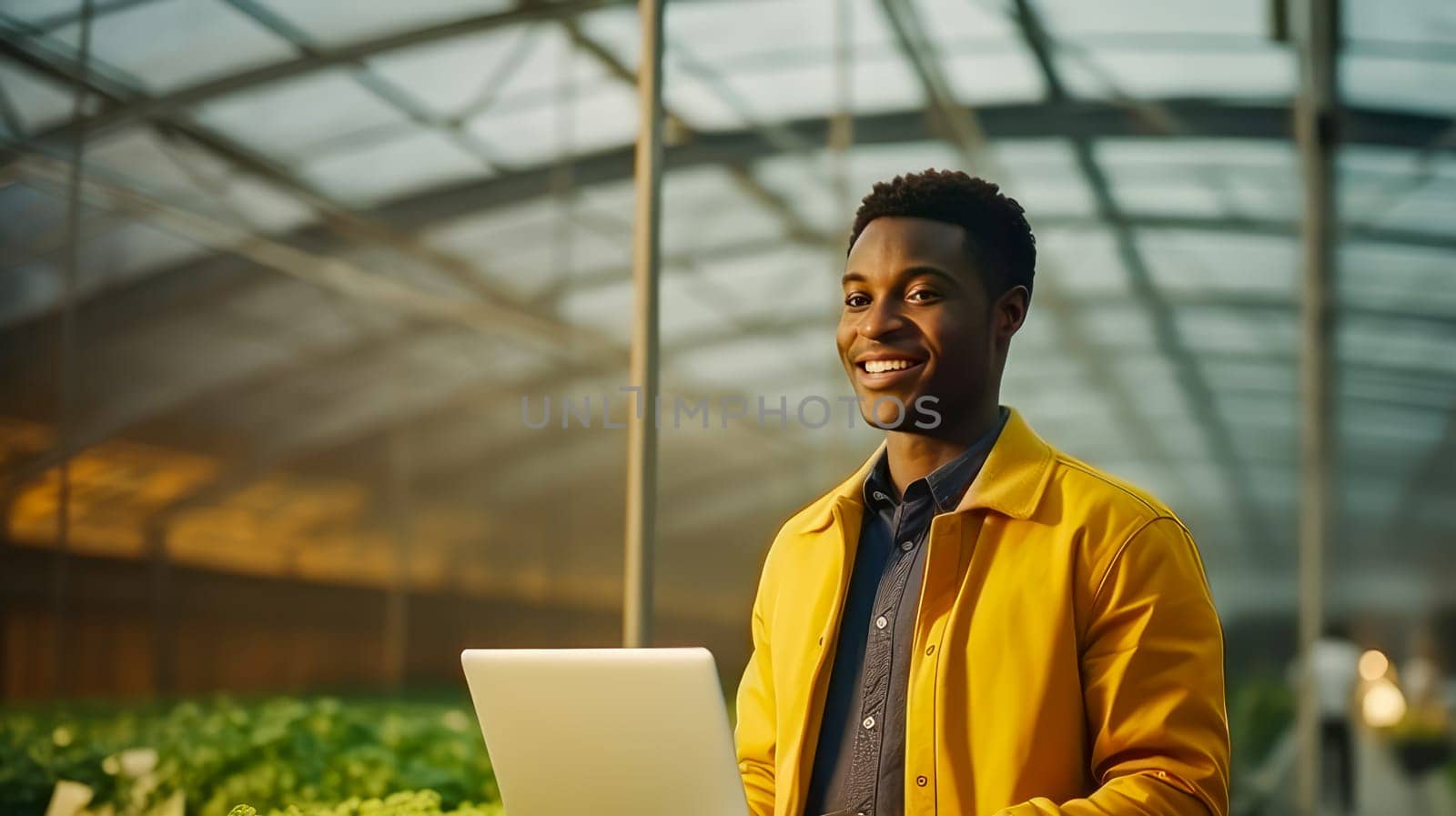 A dark-skinned African American man with a gadget, laptop, tablet is planting and caring for plants, seedlings, vegetables in a greenhouse. by Alla_Yurtayeva