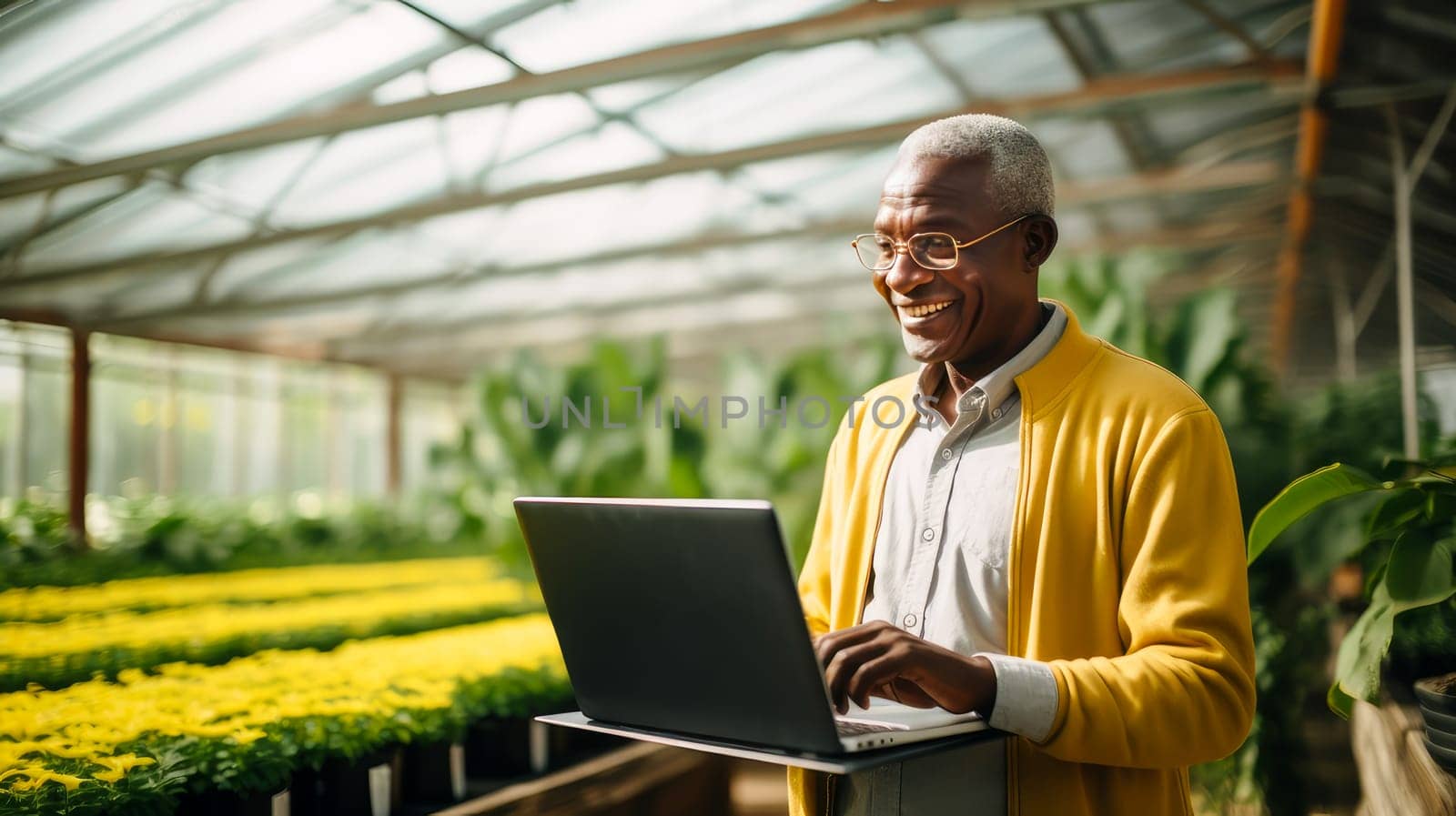 A dark-skinned African American man with a gadget, laptop, tablet is planting and caring for plants, seedlings, vegetables in a greenhouse. by Alla_Yurtayeva