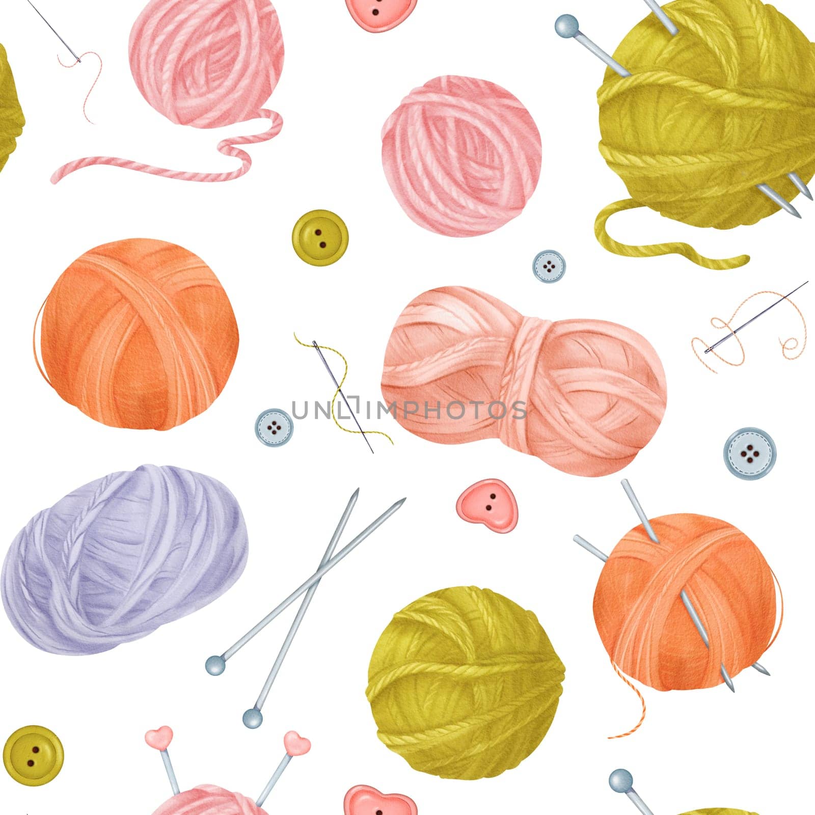 A seamless crafting-themed pattern featuring yarn skeins, colorful buttons, sewing needles with threads, and knitting needles. watercolor for textile design crafting projects.