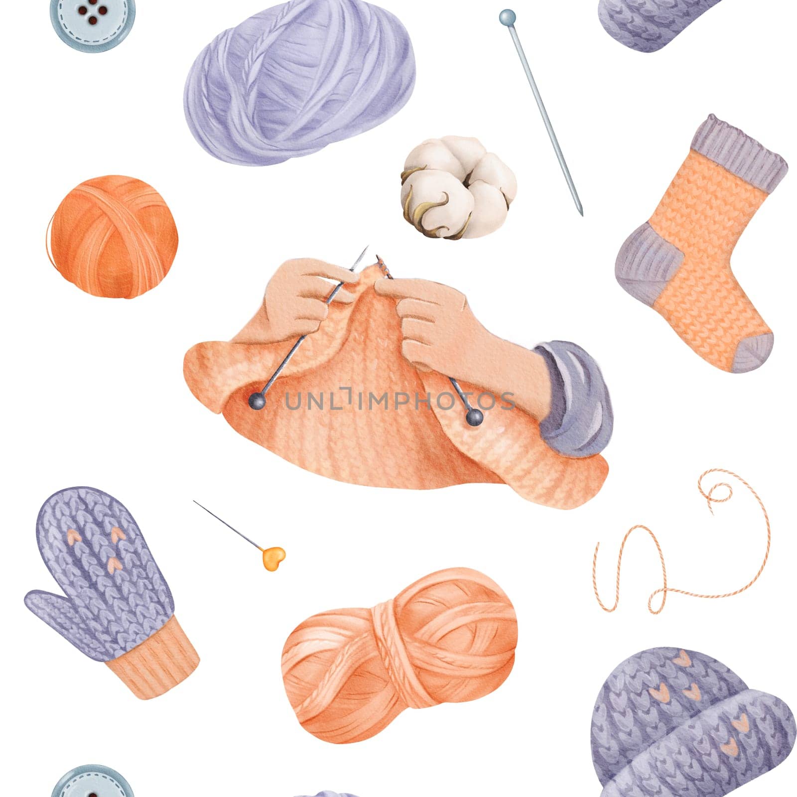 A seamless pattern celebrating knitting, hands crafting fabric and various knitted garments like hats socks and mittens. yarn skeins, buttons and pins with cotton flowers. watercolor.