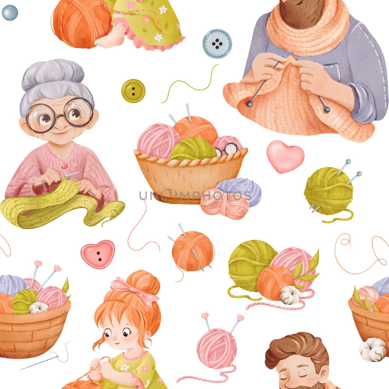 A seamless knitting-themed pattern featuring characters engaged in needlework. A grandmother in glasses a hipster man girl. a basket filled with needles, buttons threads and cotton flowers, watercolor.