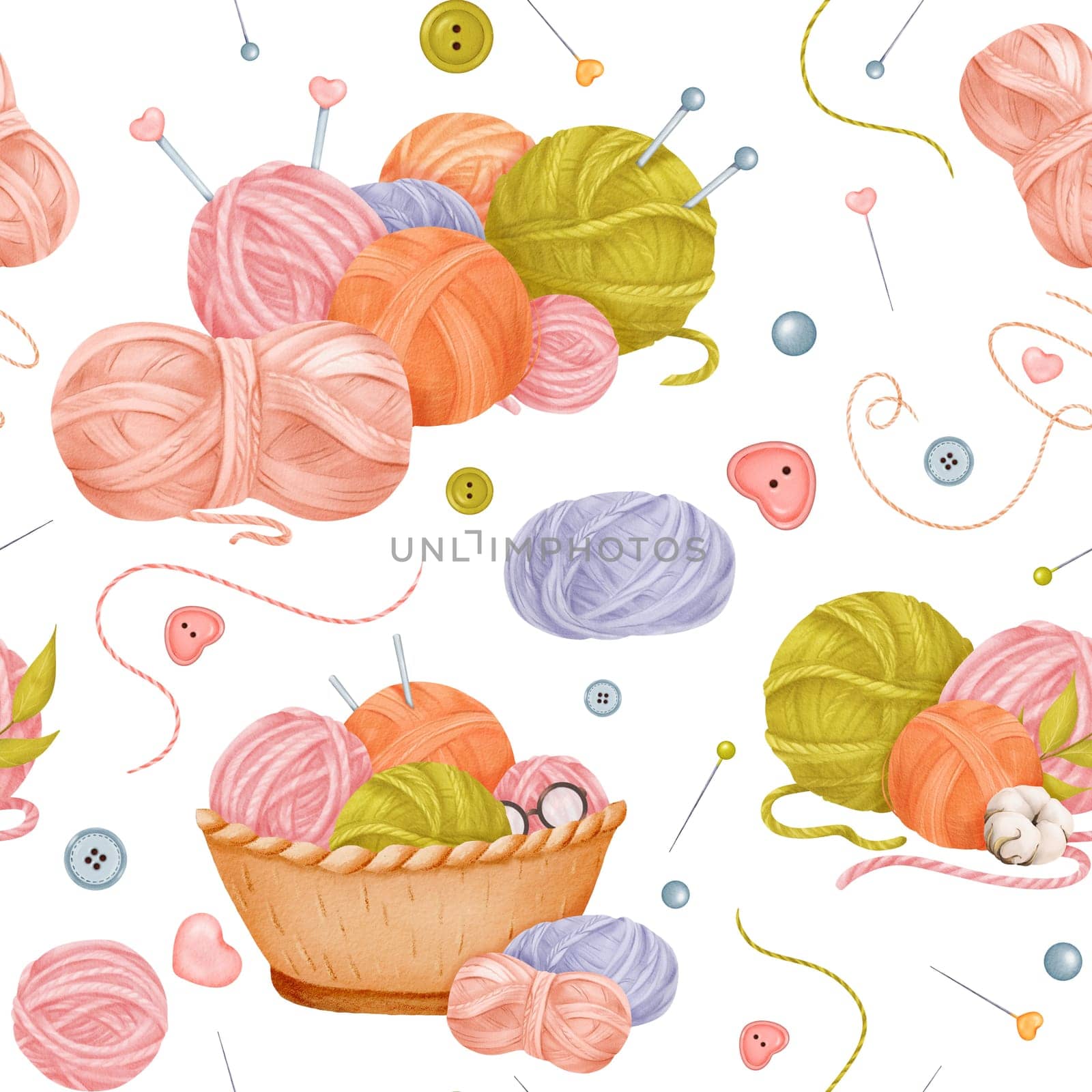 A seamless crafting-themed pattern yarn skeins in a woven basket, cotton flowers, colorful buttons, sewing needles with threads, and knitting needles. watercolor children illustration by Art_Mari_Ka