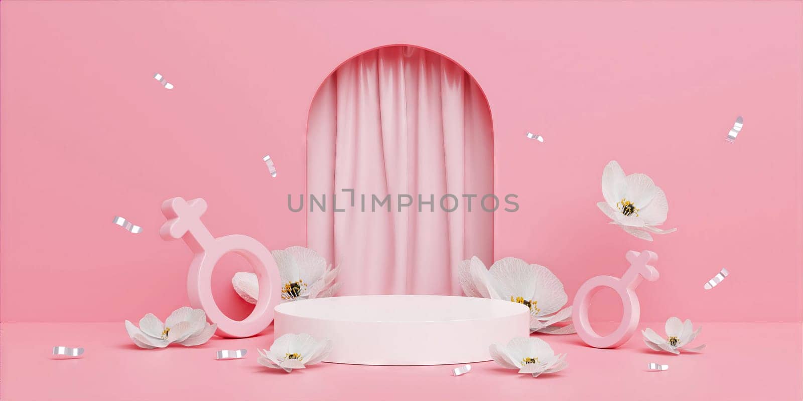 Women's Day banner for product demonstration, White pedestal with white flower for Greeting woman's day and social media. 3D illustration..