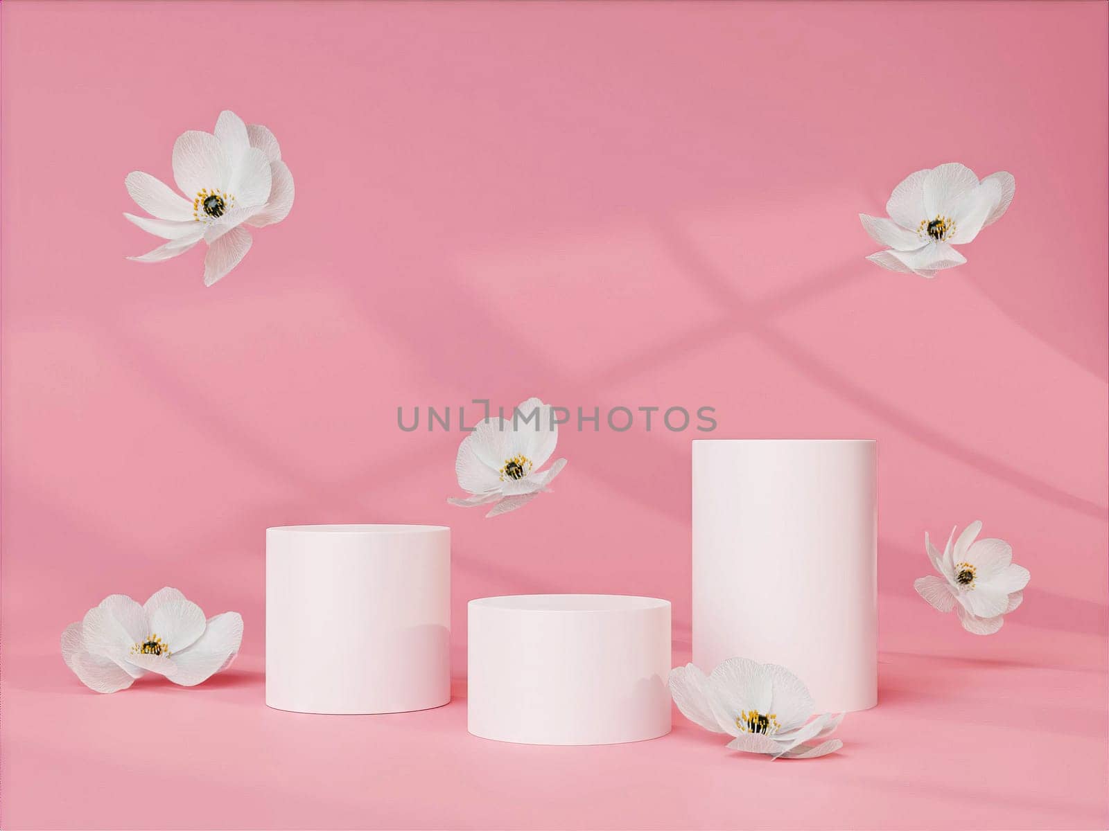 Women's Day banner for product demonstration, White pedestal with white flower for Greeting woman's day and social media. 3D illustration. by meepiangraphic