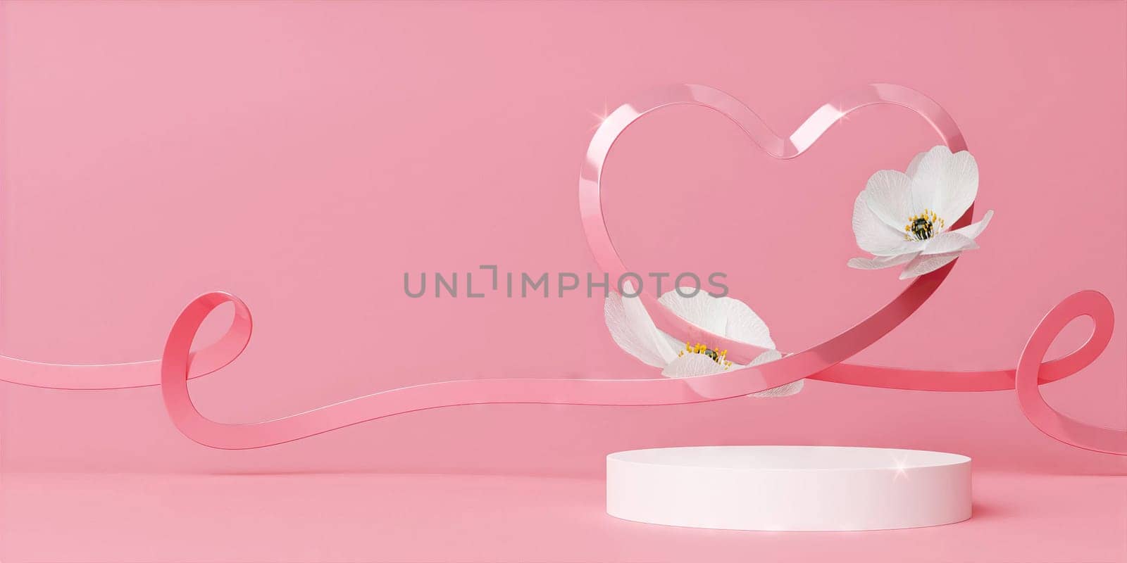 Women's Day banner for product demonstration, Pink heart shaped ribbon with white flower for Greeting woman's day and social media. 3D illustration..