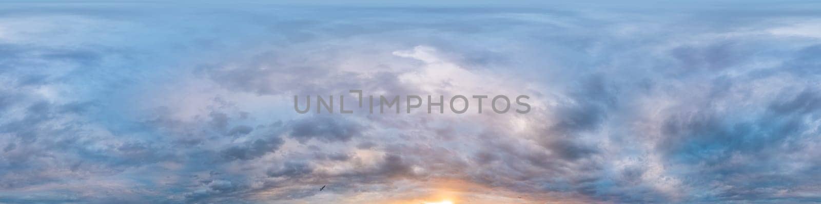 Dramatic overcast sky panorama with dark gloomy Cumulonimbus clouds. HDR 360 seamless spherical panorama. Sky dome in 3D, sky replacement for aerial drone panoramas. Weather and climate change