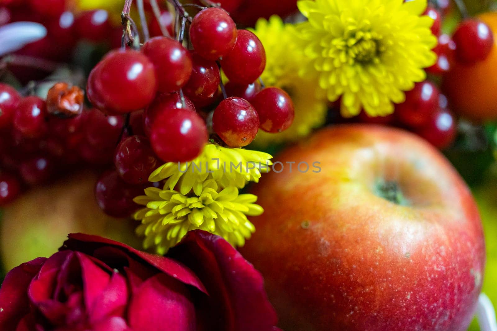 Close-up of an apple-flower arrangement. Shallow depth of field and selective focus.