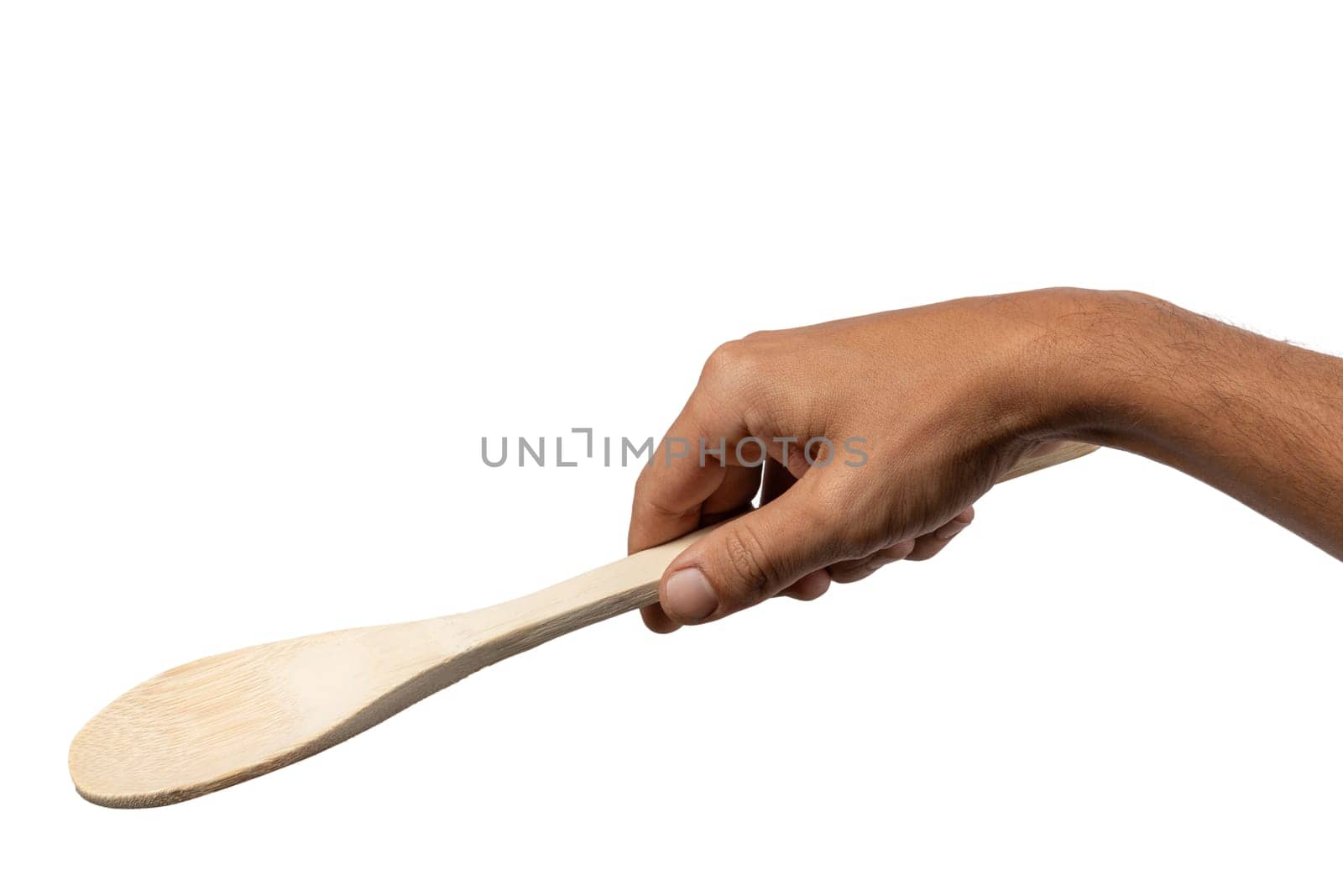 Black male hand holding a wooden cooking spoon isolated on white background. High quality photo